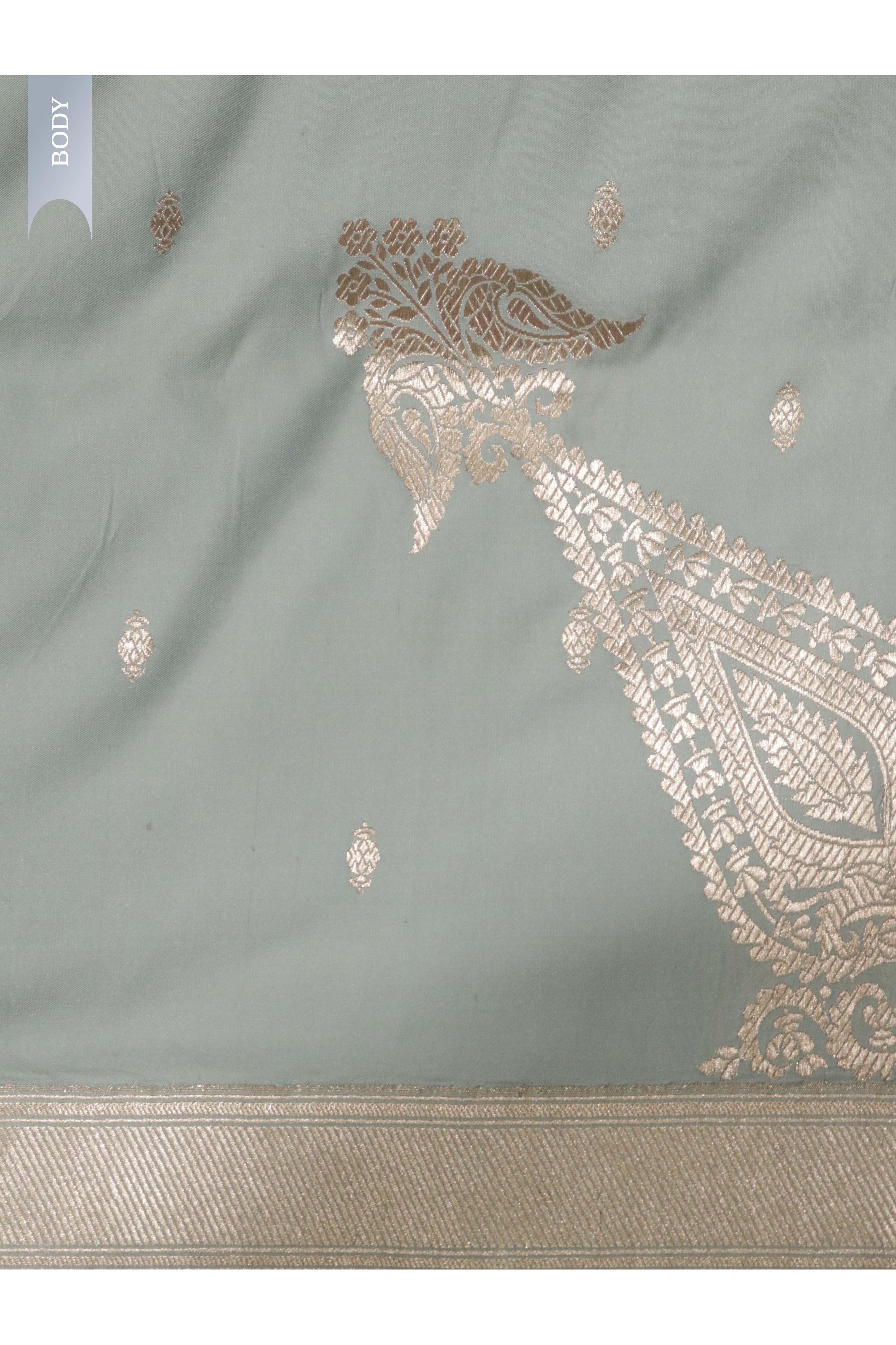 Light Blue Banarasi Mushroom Silk Saree with Silver Motifs & Silver Zari Border - Mokshaa