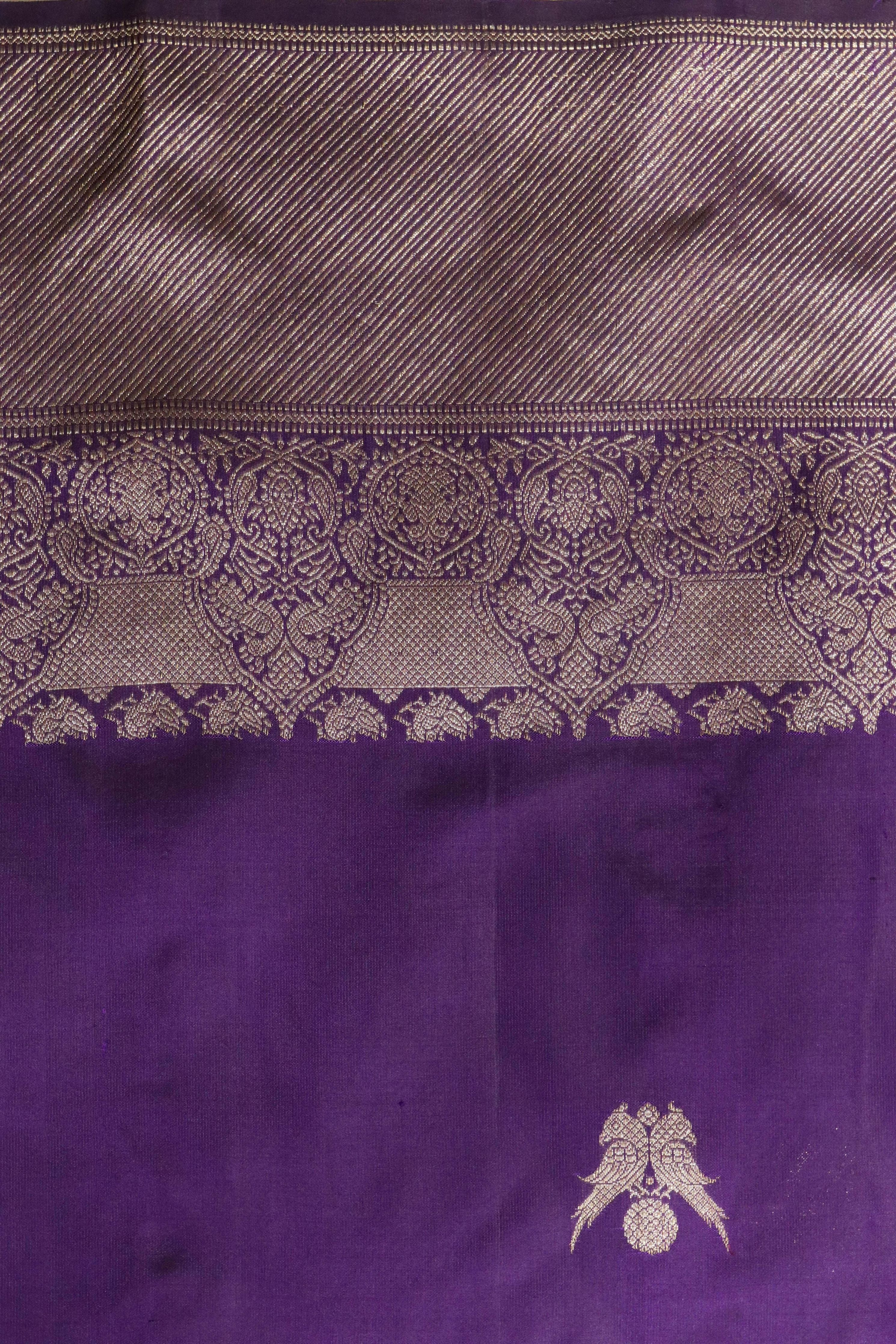 Purple Kanchipuram Silk Saree with Parrot Zari Motifs & Zari Weaving Border - Mokshaa