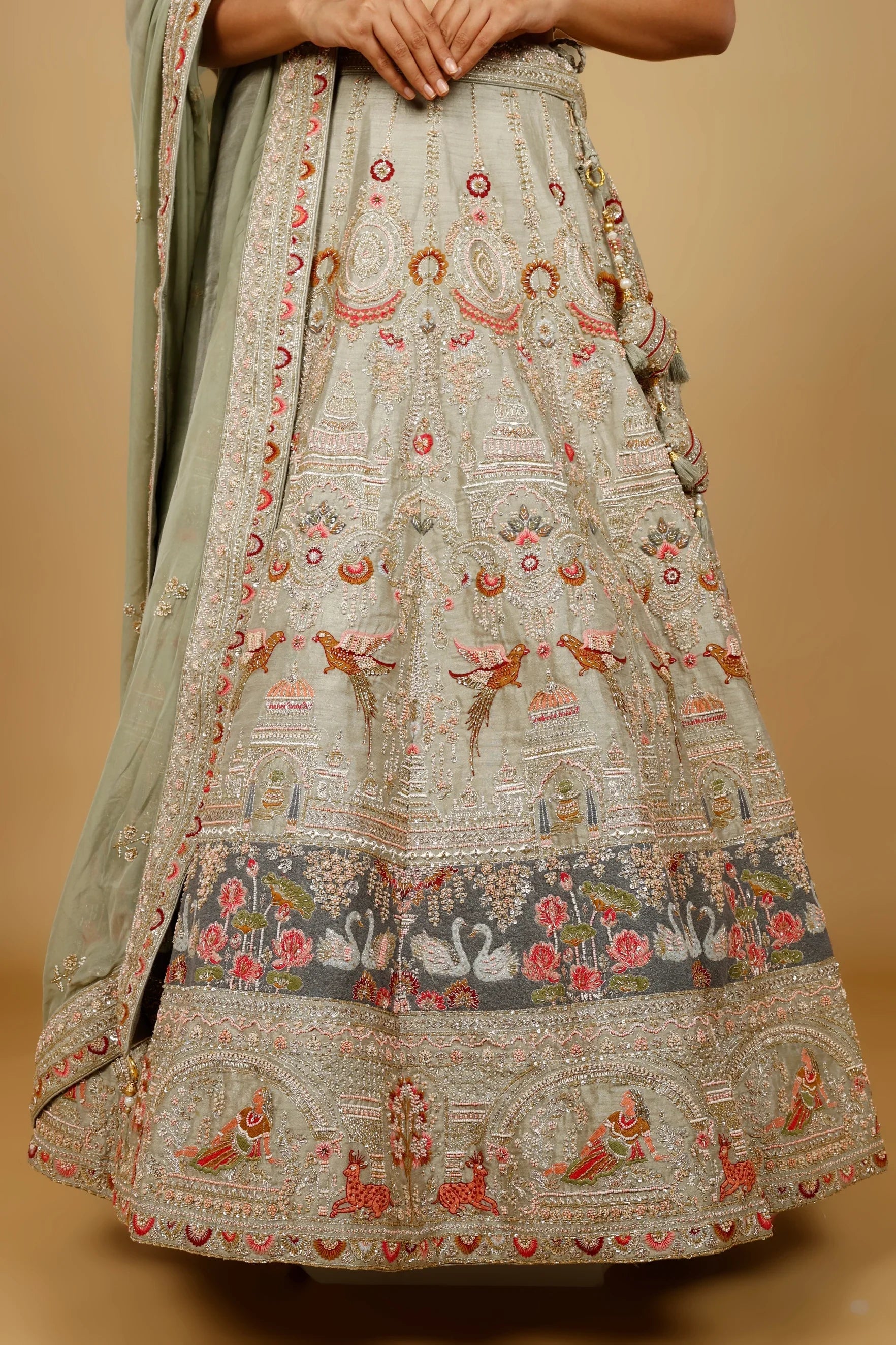 Sage Green Raw Silk Bridal Lehenga Set with Zardozi, Cutdana & Pearl Embroidery - Mokshaa