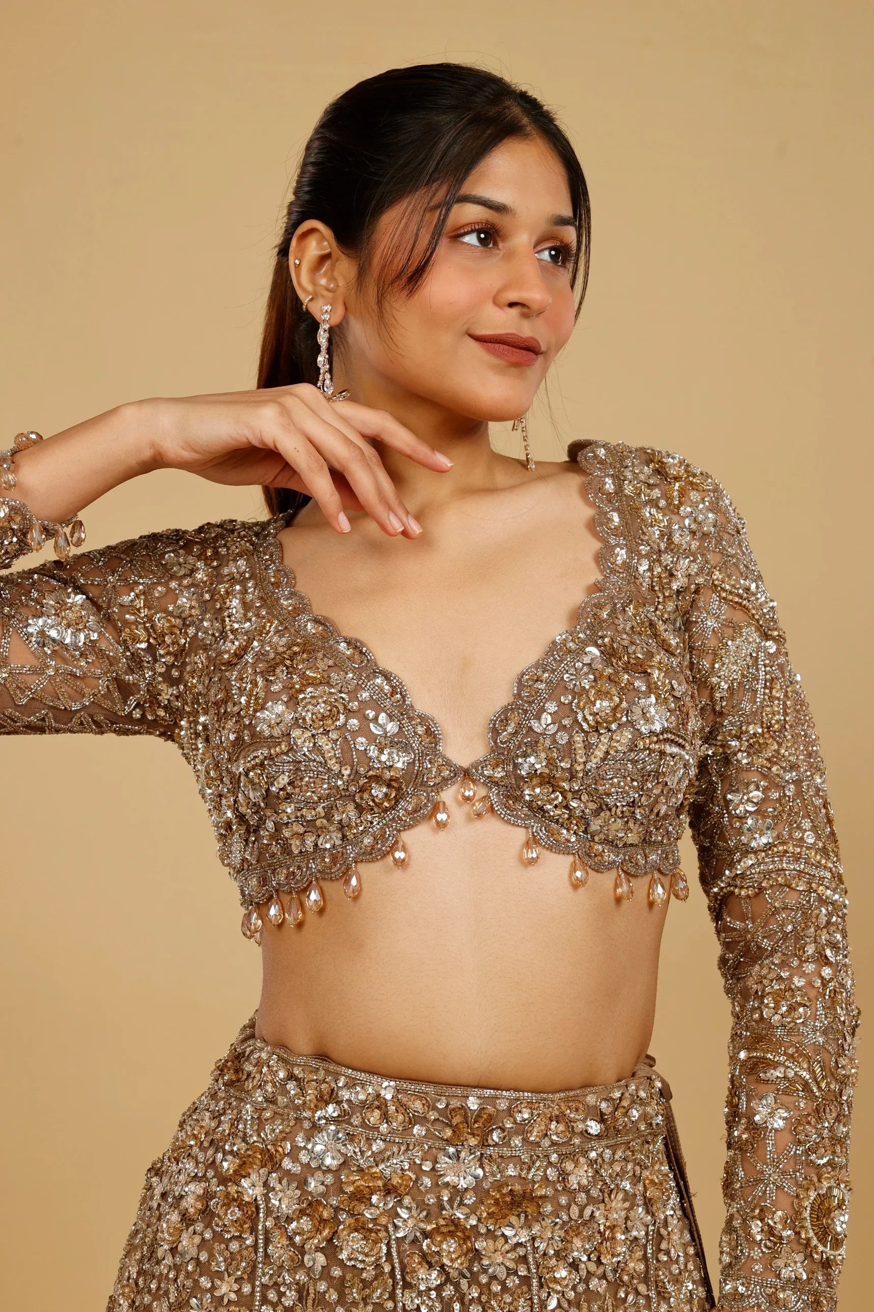 Dark Gold Net Mermaid Lehenga Set with Sequin, Stone & Kutdana Embroidery - Mokshaa