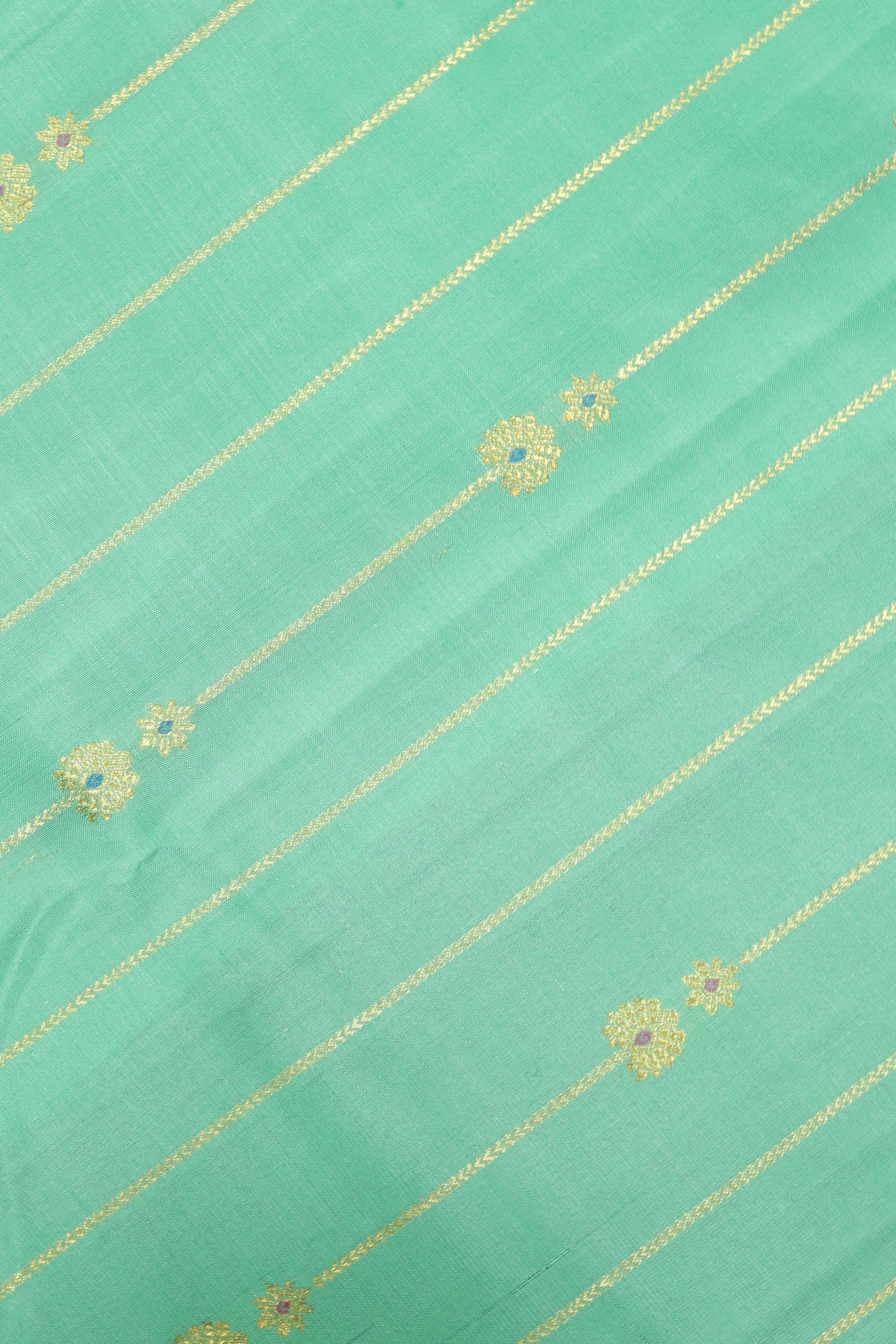 Turquoise Blue Kanchipuram Silk Saree with Zari Stripes, Buttas & Contrast Border - Mokshaa
