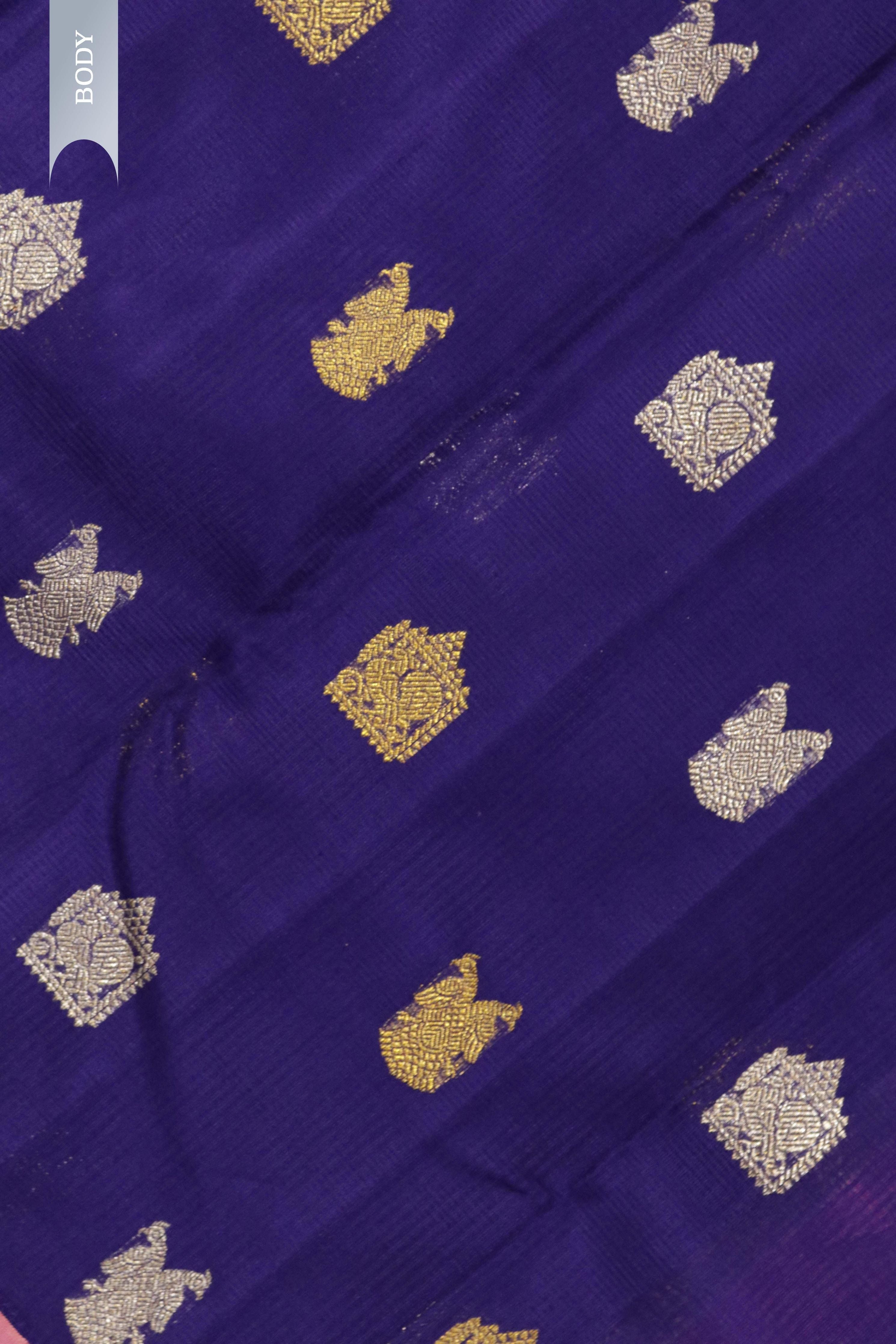Royal Blue Kanchipuram Silk Saree with Silver & Gold Zari Motifs and Contrast Border - Mokshaa
