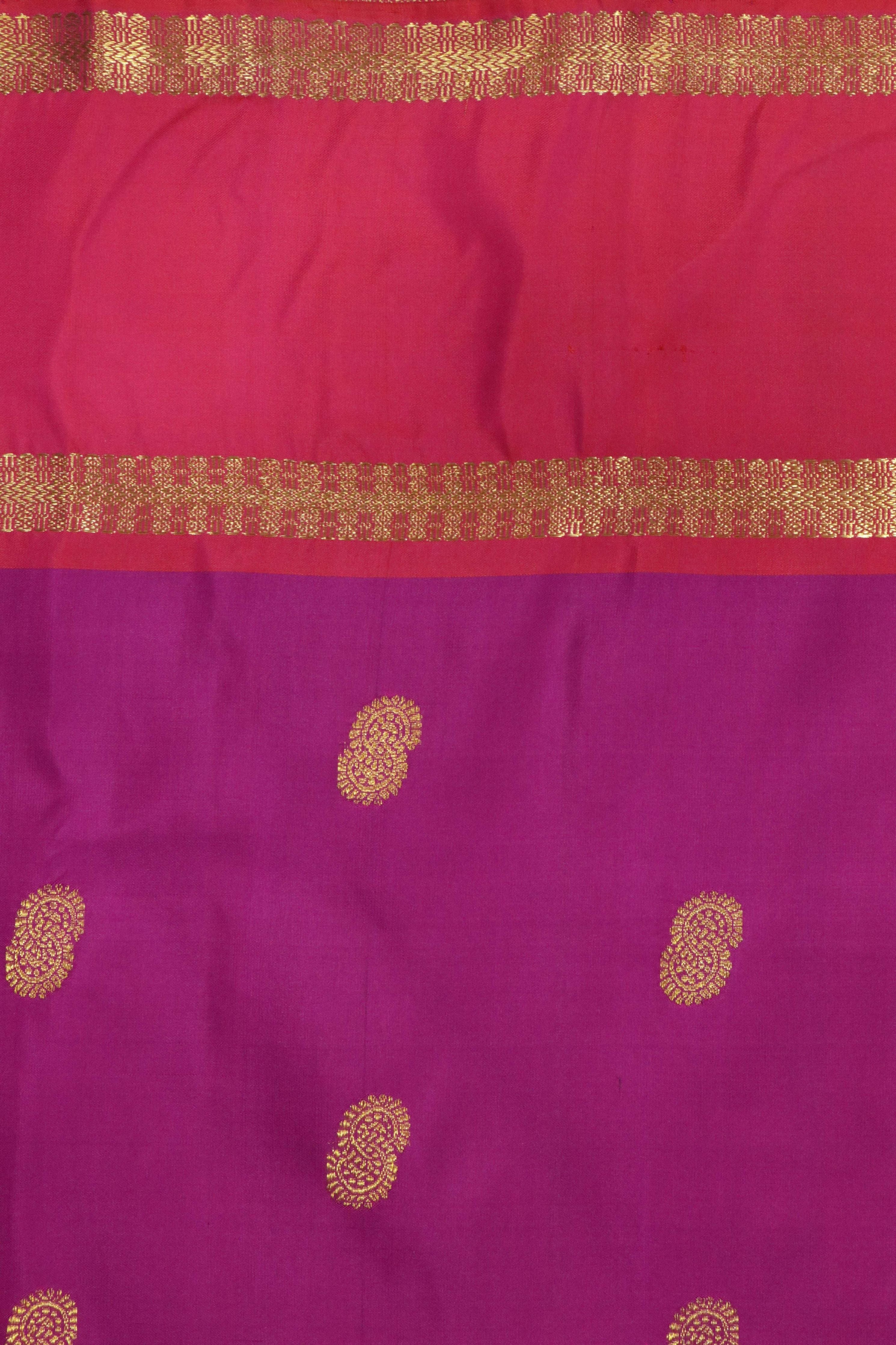Magenta Kanchipuram Silk Saree with Gold Zari Motifs and Contrast Border - Mokshaa