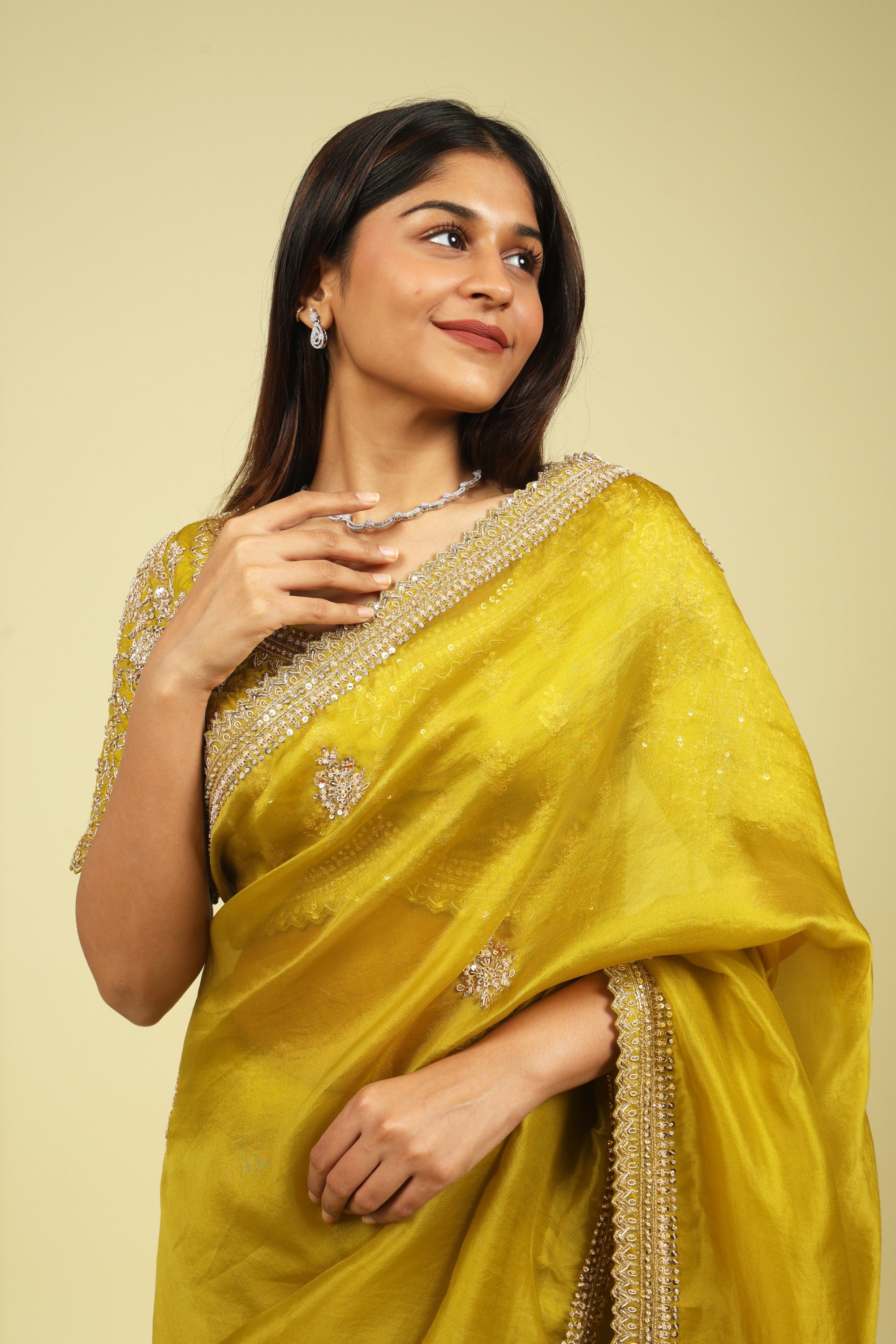 Lime Green Organza Saree with Zardoosi, Sequin Buttas & Embroidered Border - Mokshaa