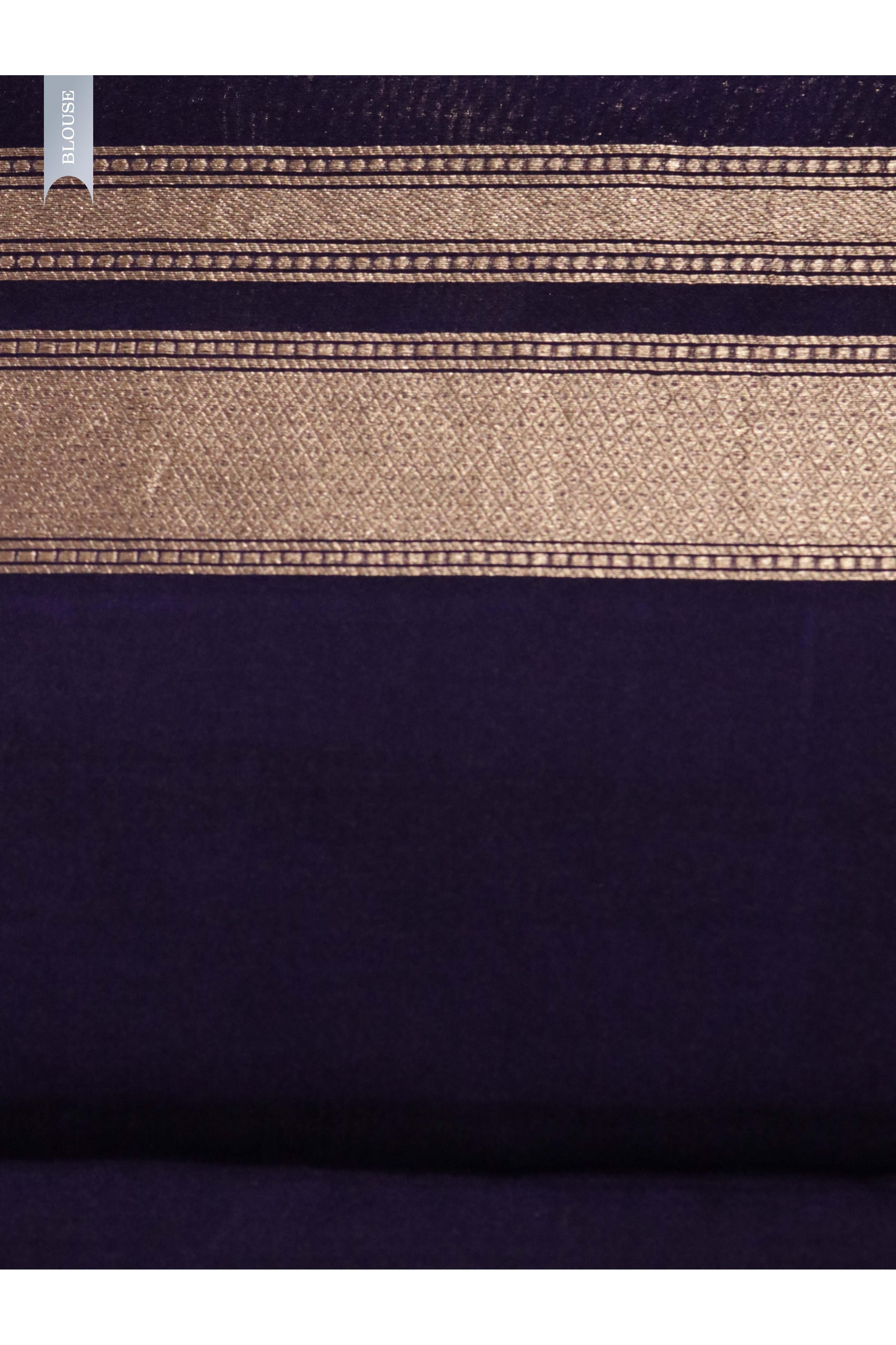 Violet Blue Banarasi Kora Silk Saree with Geometrical Zari Weaving - Mokshaa