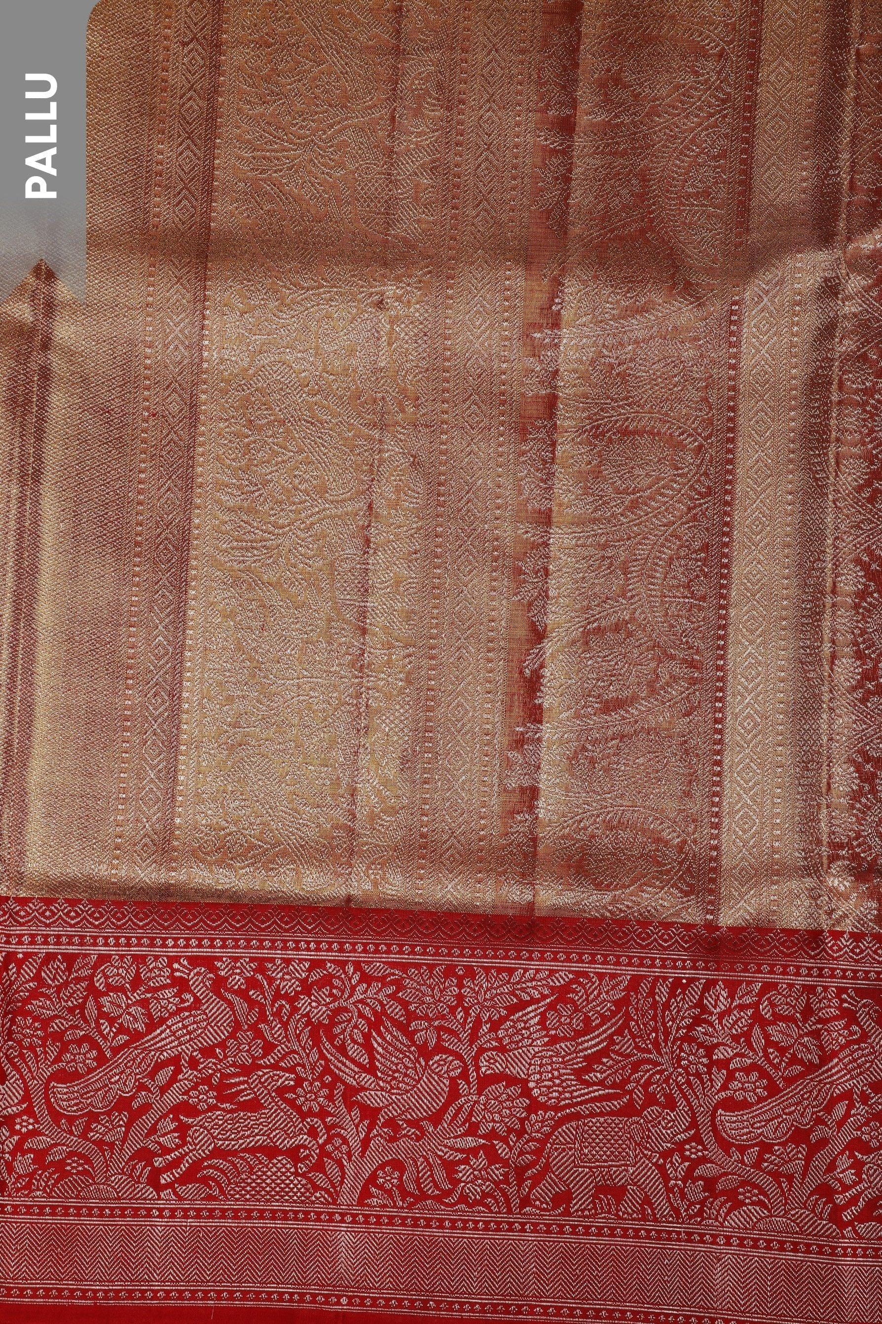 Burnt Gold Tissue Silk Saree with Zari Jaal and Red Korvai Border - Mokshaa