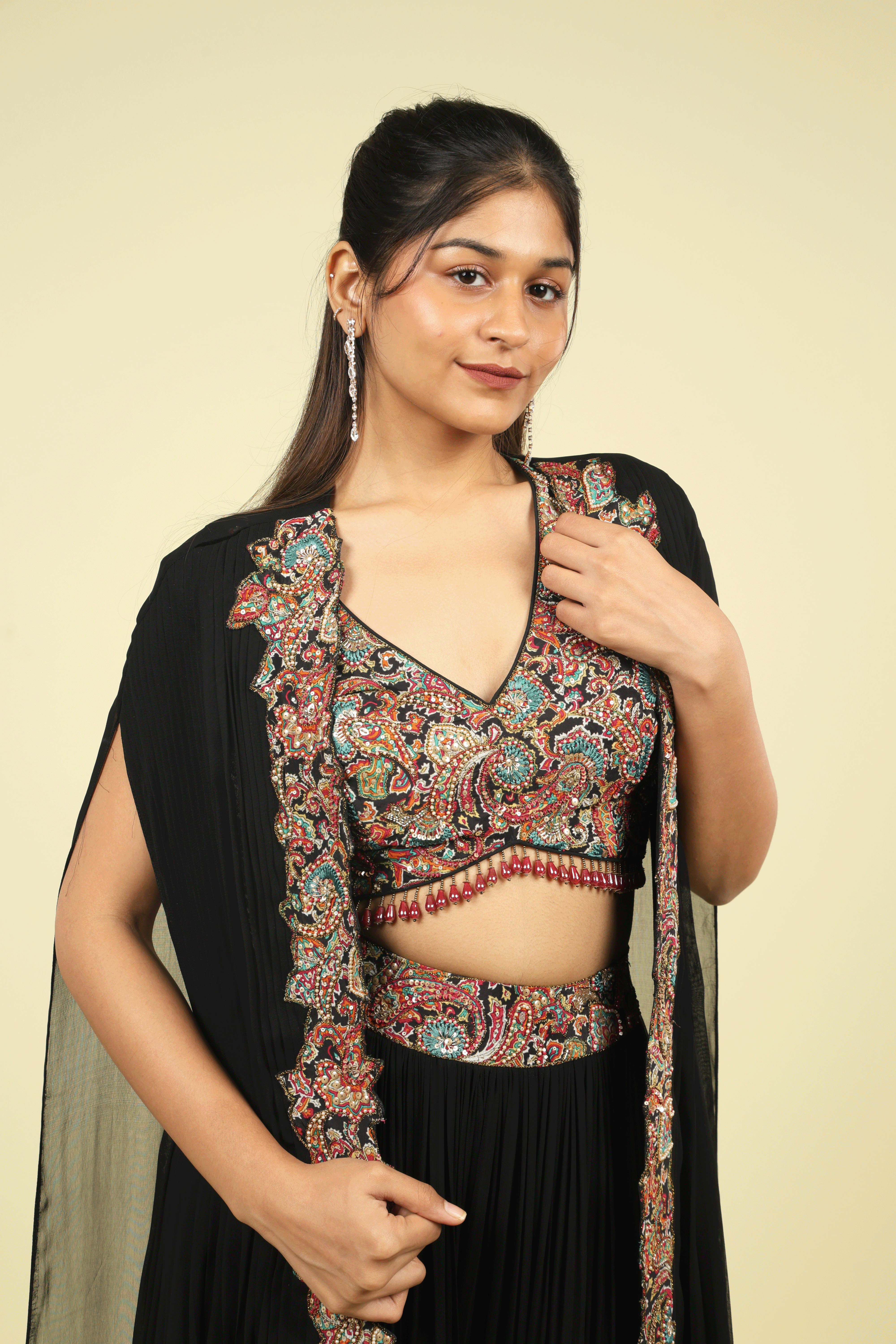 Black Georgette Crop Top Palazzo Set with Embroidered Cape - Mokshaa