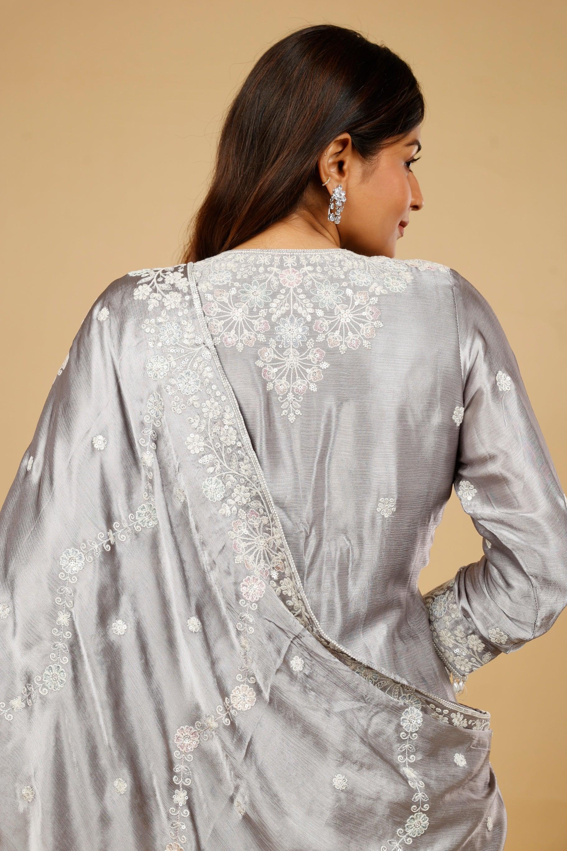 Silver Grey Chinon Silk Sharara Set with Thread, Pearl & Sequin Embroidery - Mokshaa