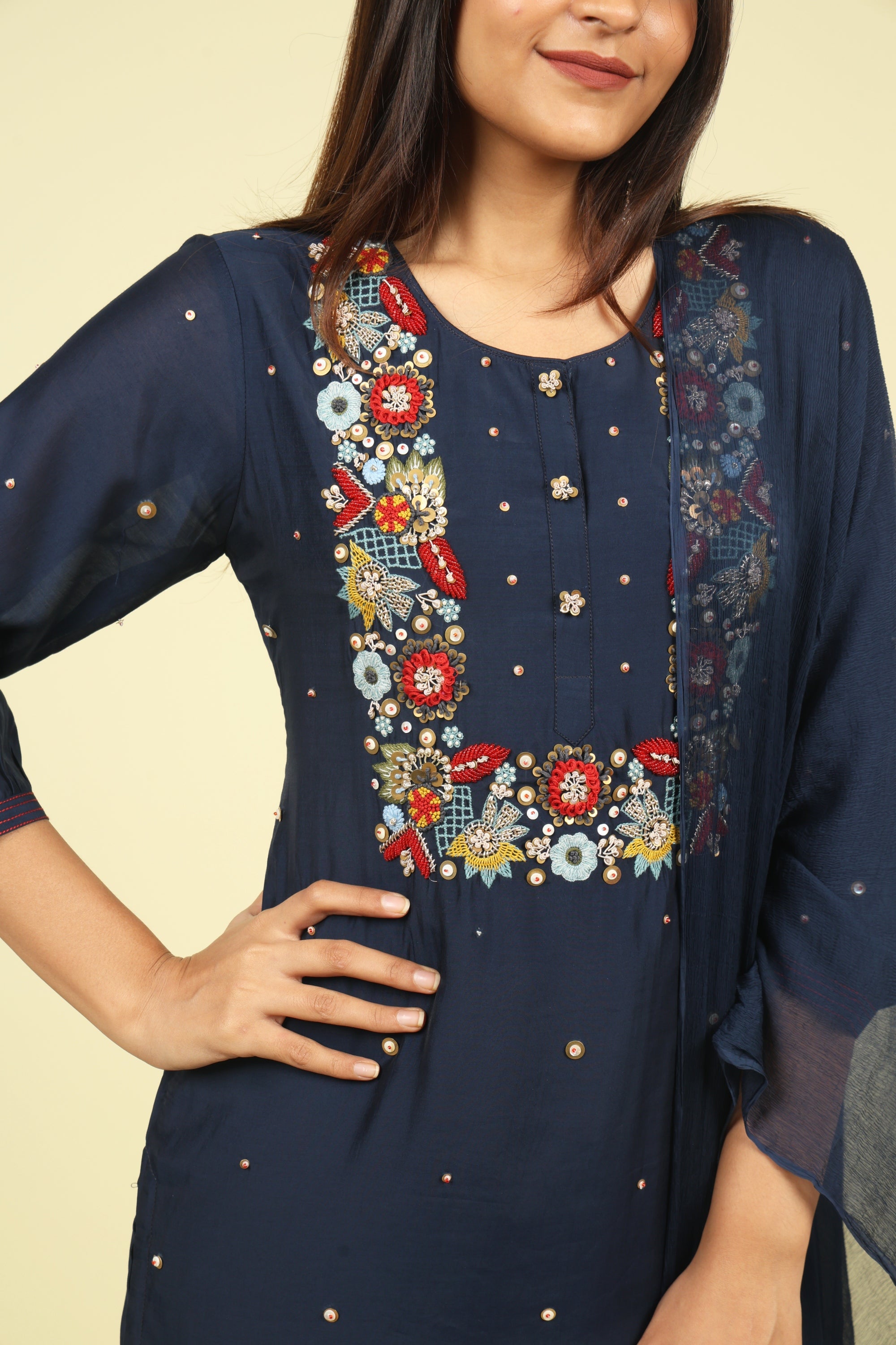 Navy Embroidered Mul Chanderi Salwar Suit - Mokshaa