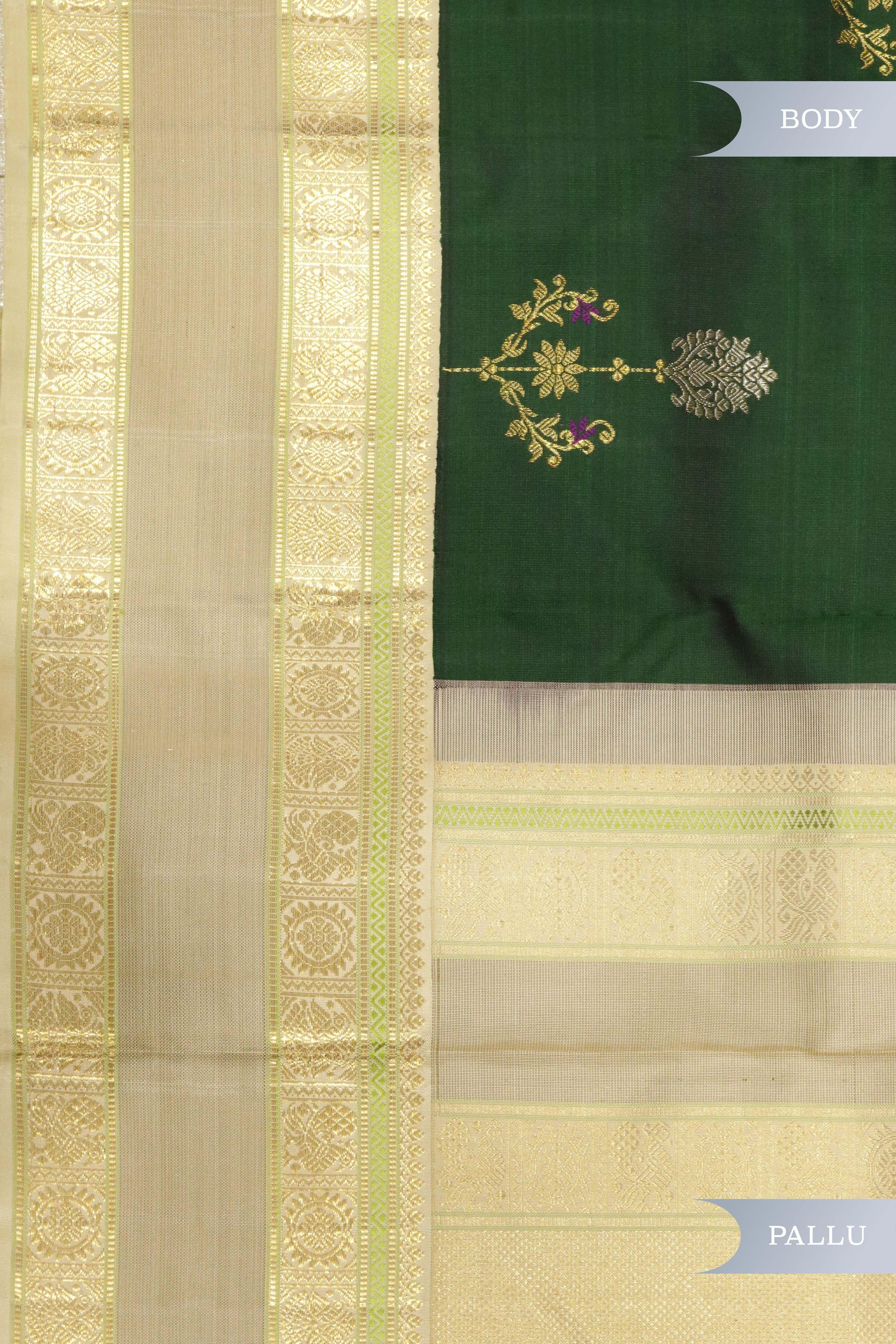 Bottle Green Kanchipuram Silk Saree with Silver & Gold Zari Thread Motifs and Contrast Border - Mokshaa