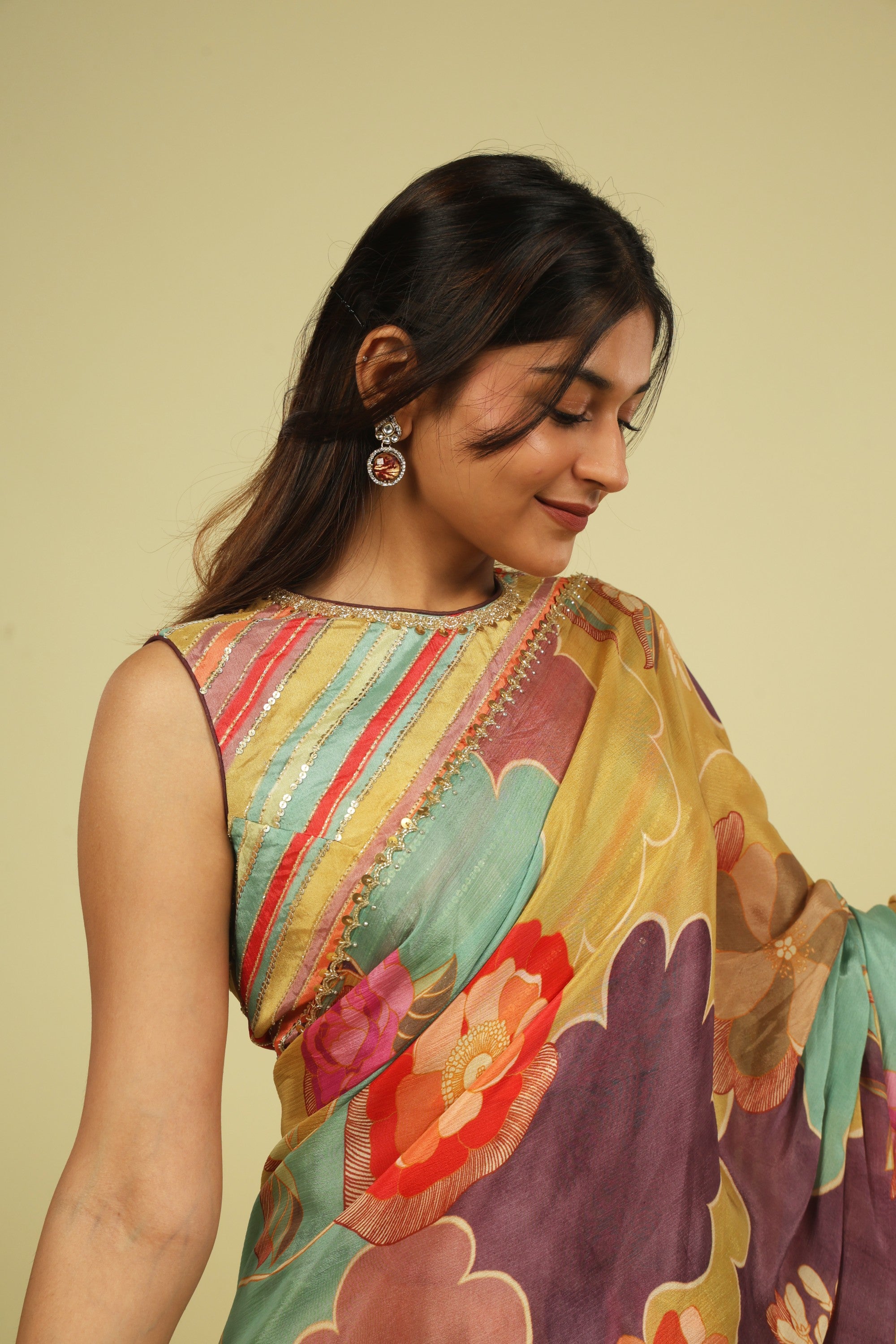 Multicolour Silky Georgette Saree with Digital Print & Bead-Sequin Border - Mokshaa