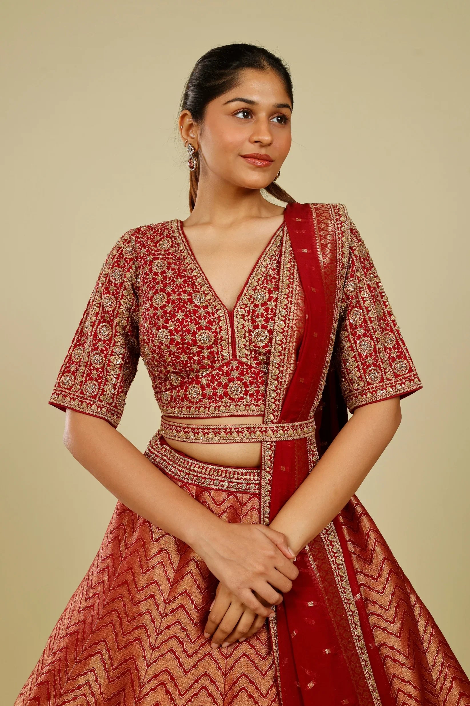 Maroon Banarasi Lehenga Set with Zari, French Knot & Cutdana Embroidery - Mokshaa