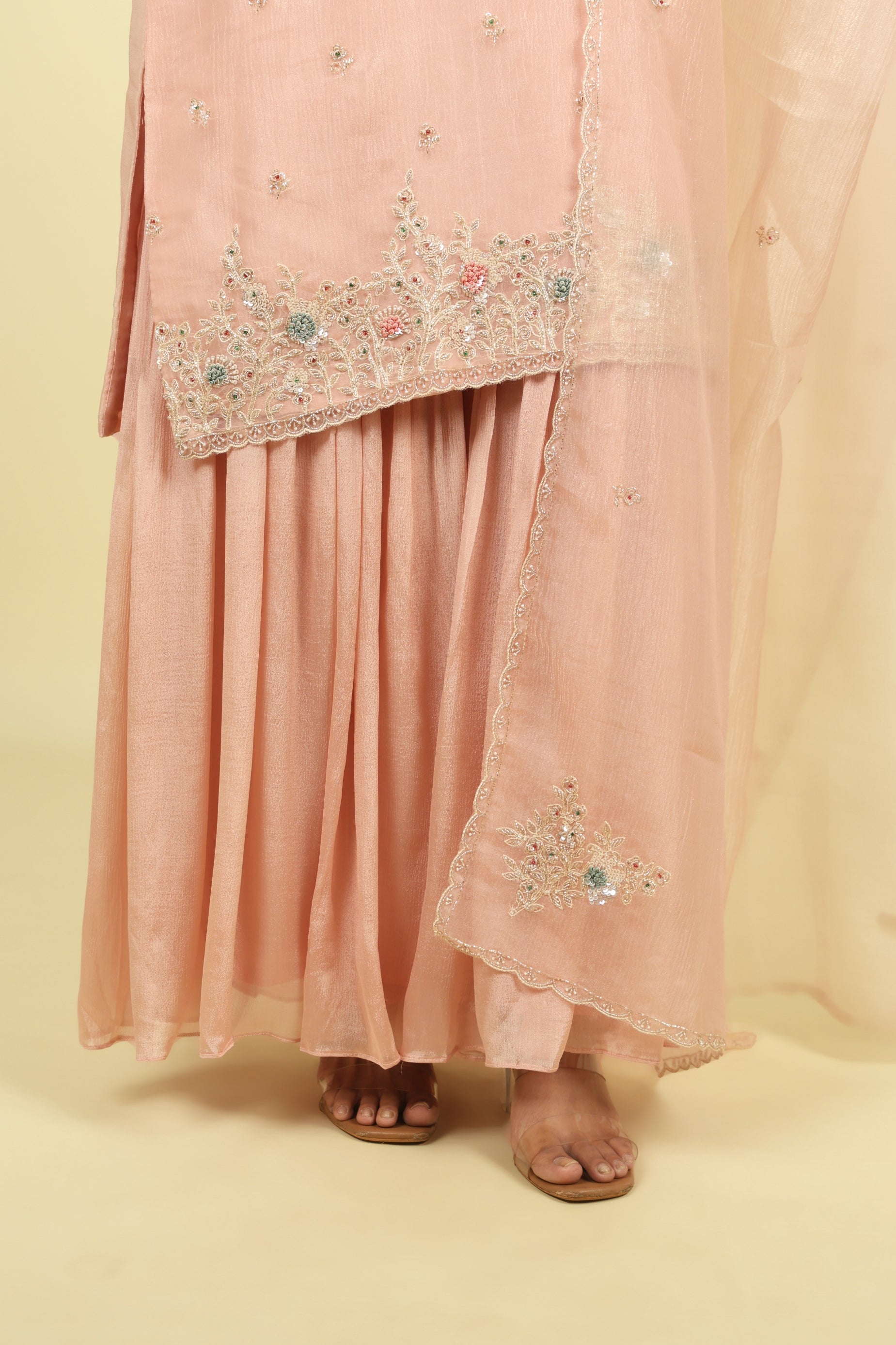 Pink Embroidered Crush Tissue Sharara Set - Mokshaa