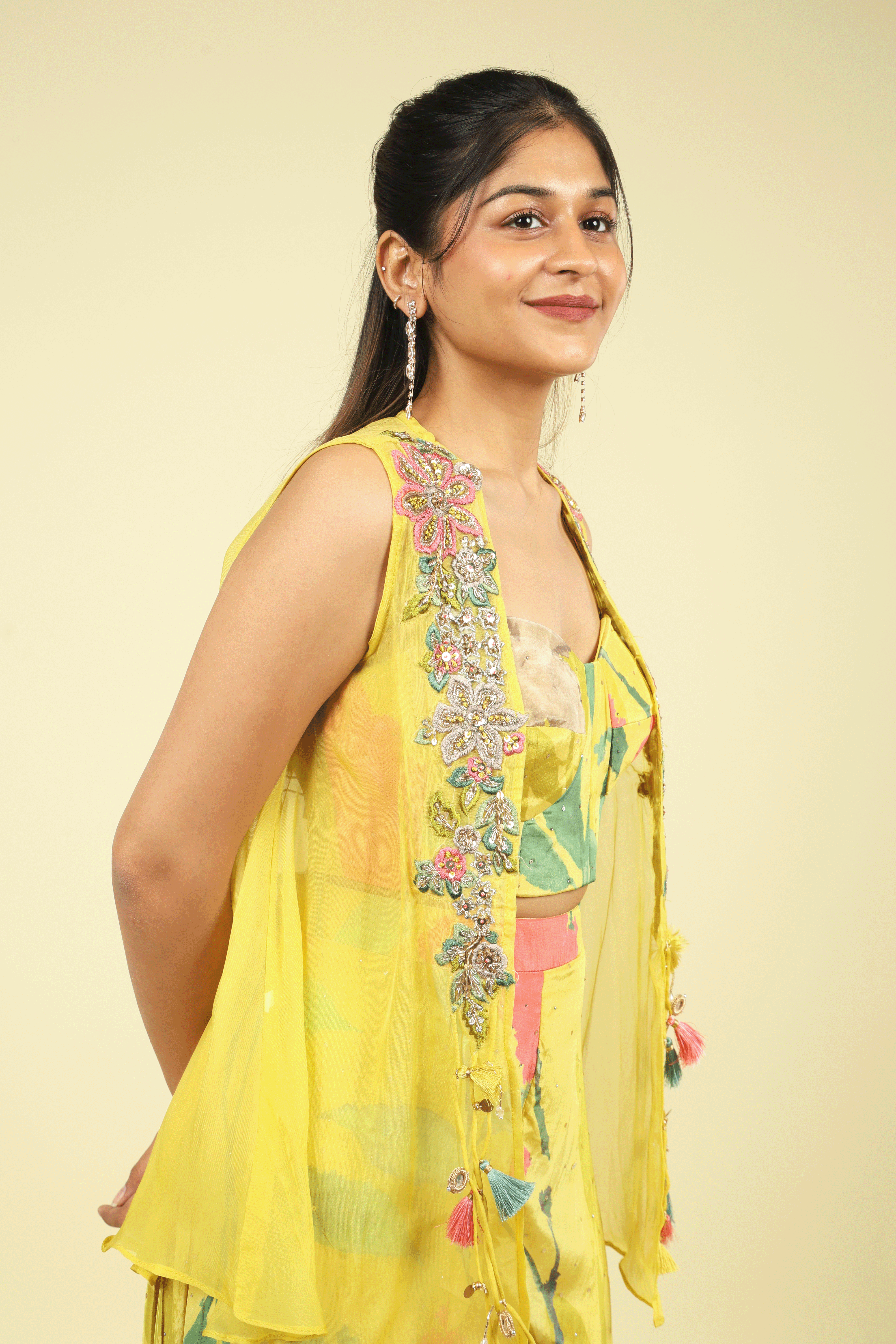 Yellow Printed Crepe Crop Top Palazzo Set - Mokshaa