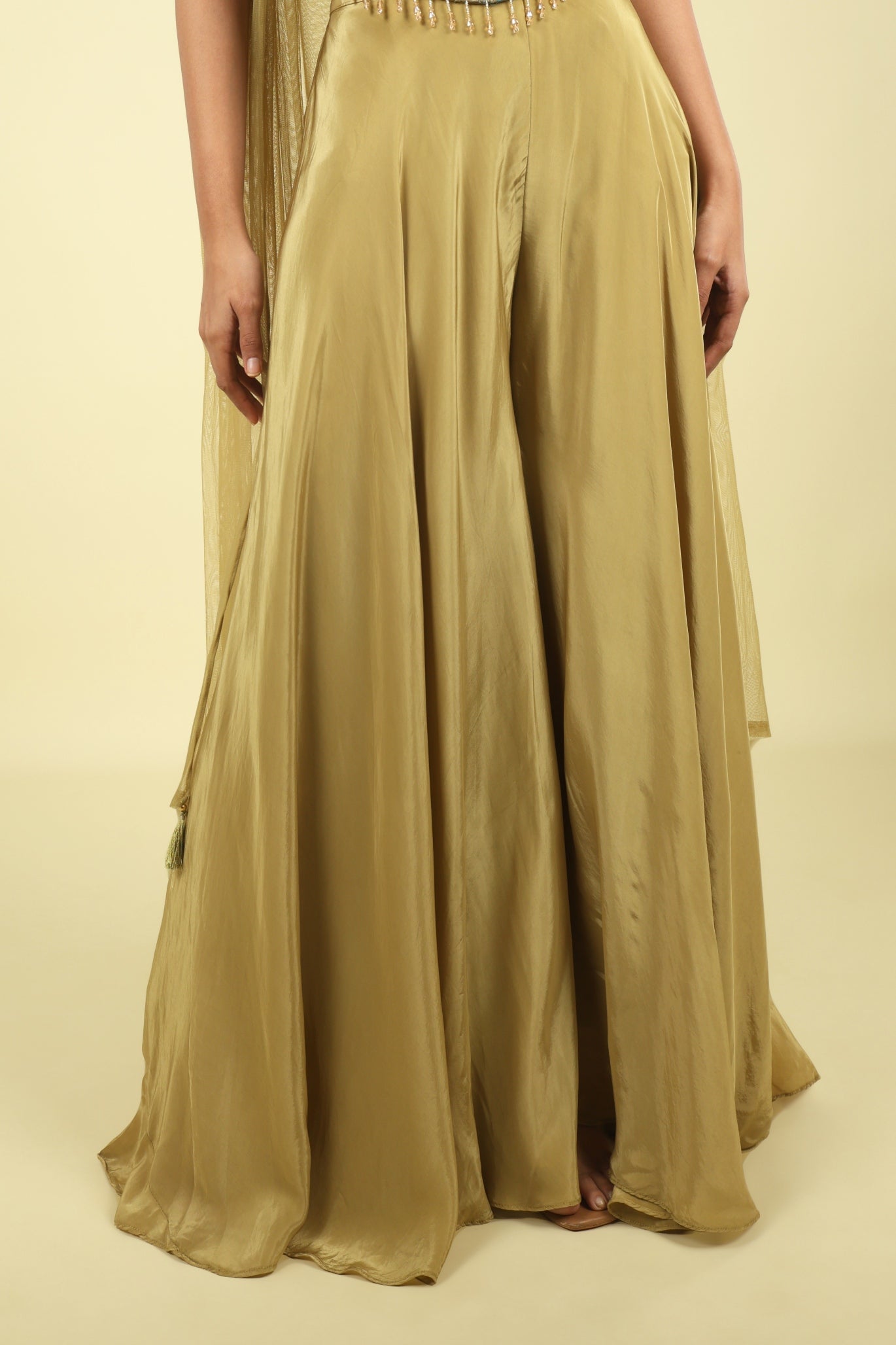 Olive Green Embroidered Satin Silk Corset Palazzo Set - Mokshaa