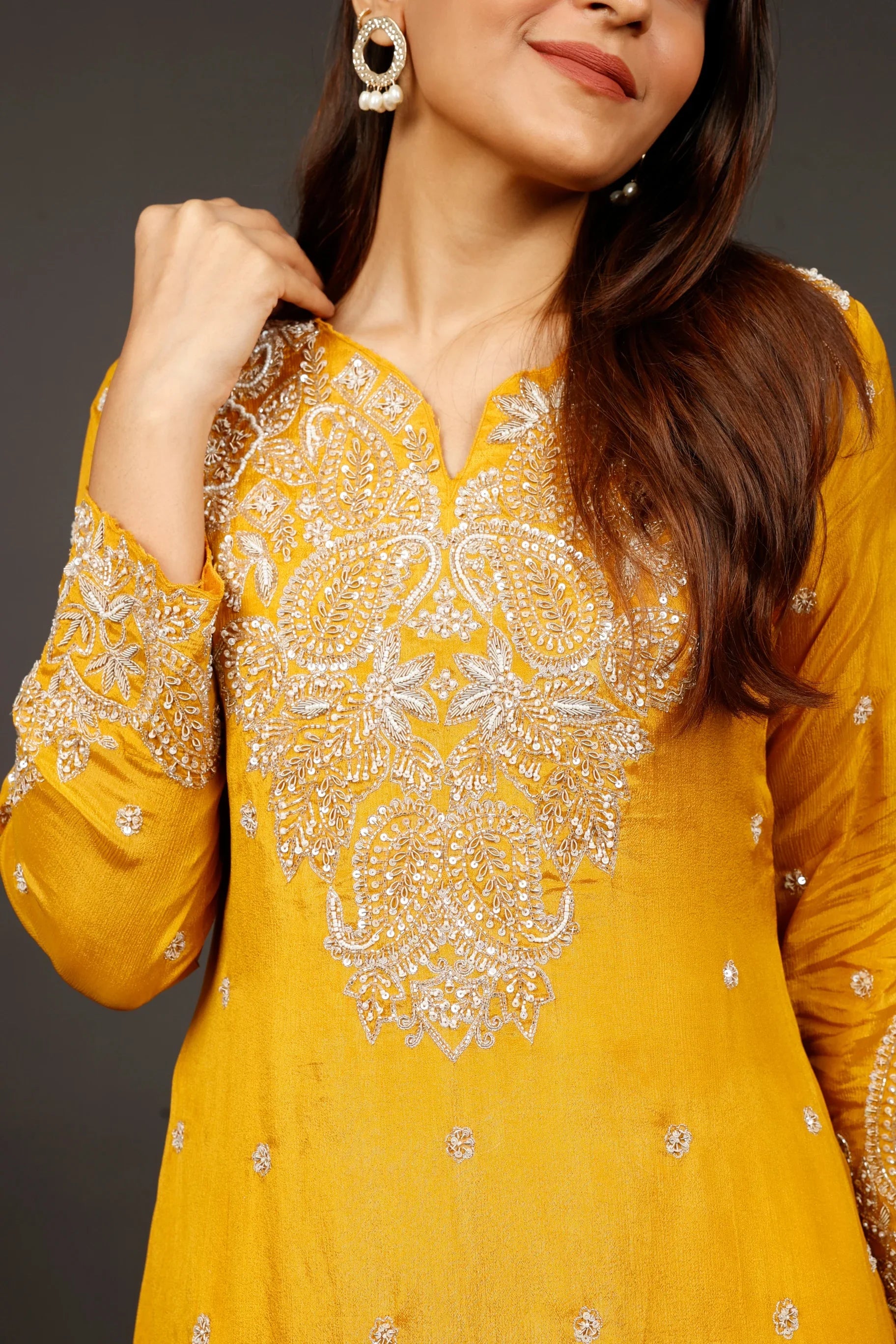 Yellow Chinon Silk Indo-Western Kurta with Cream Dhoti Pants - Mokshaa