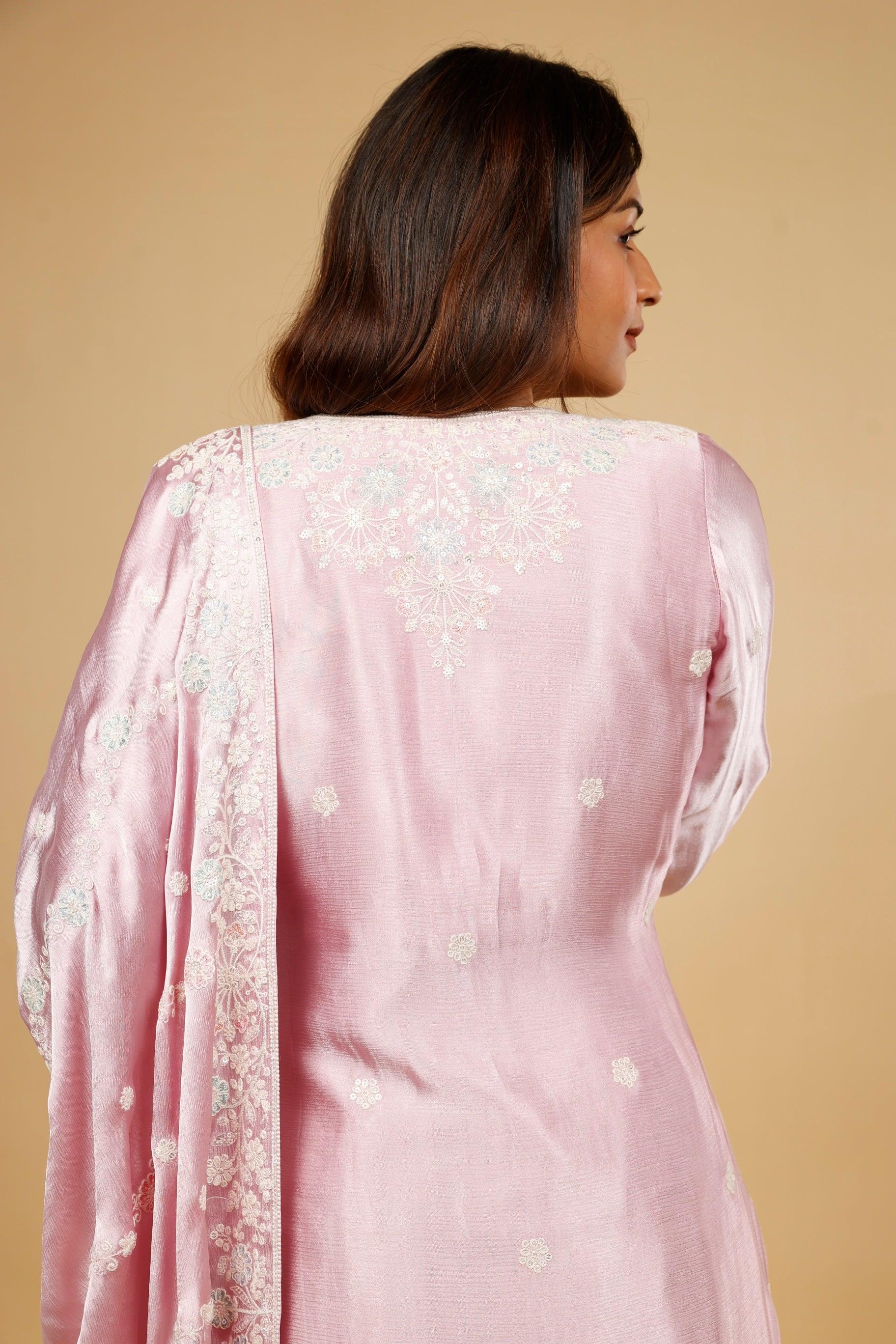 Blush Pink Chinon Silk Sharara Set with Thread, Pearl & Sequin Embroidery - Mokshaa
