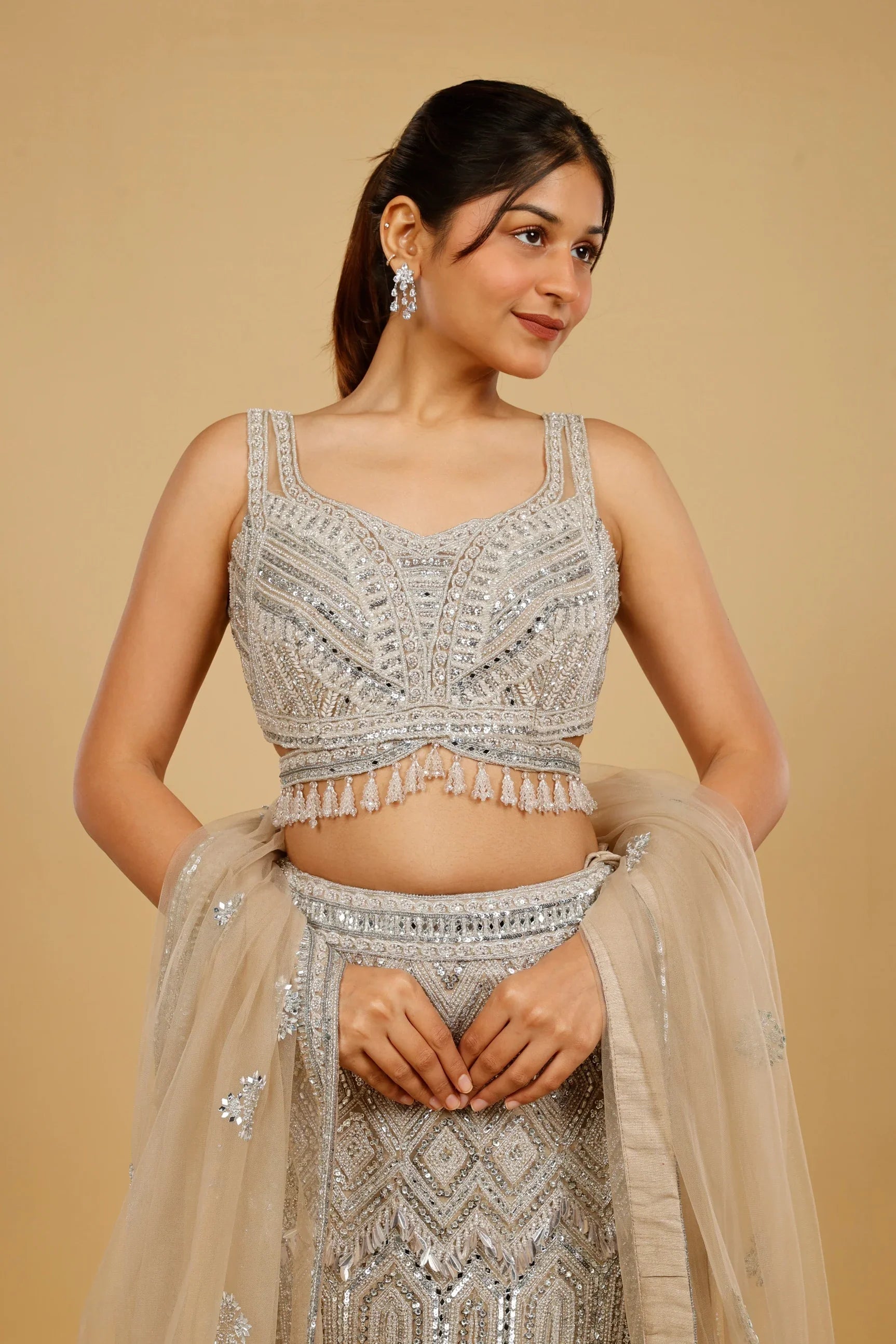 Champagne Net Mermaid Lehenga Set with Mirror, Pearl & Sequin Embroidery - Mokshaa