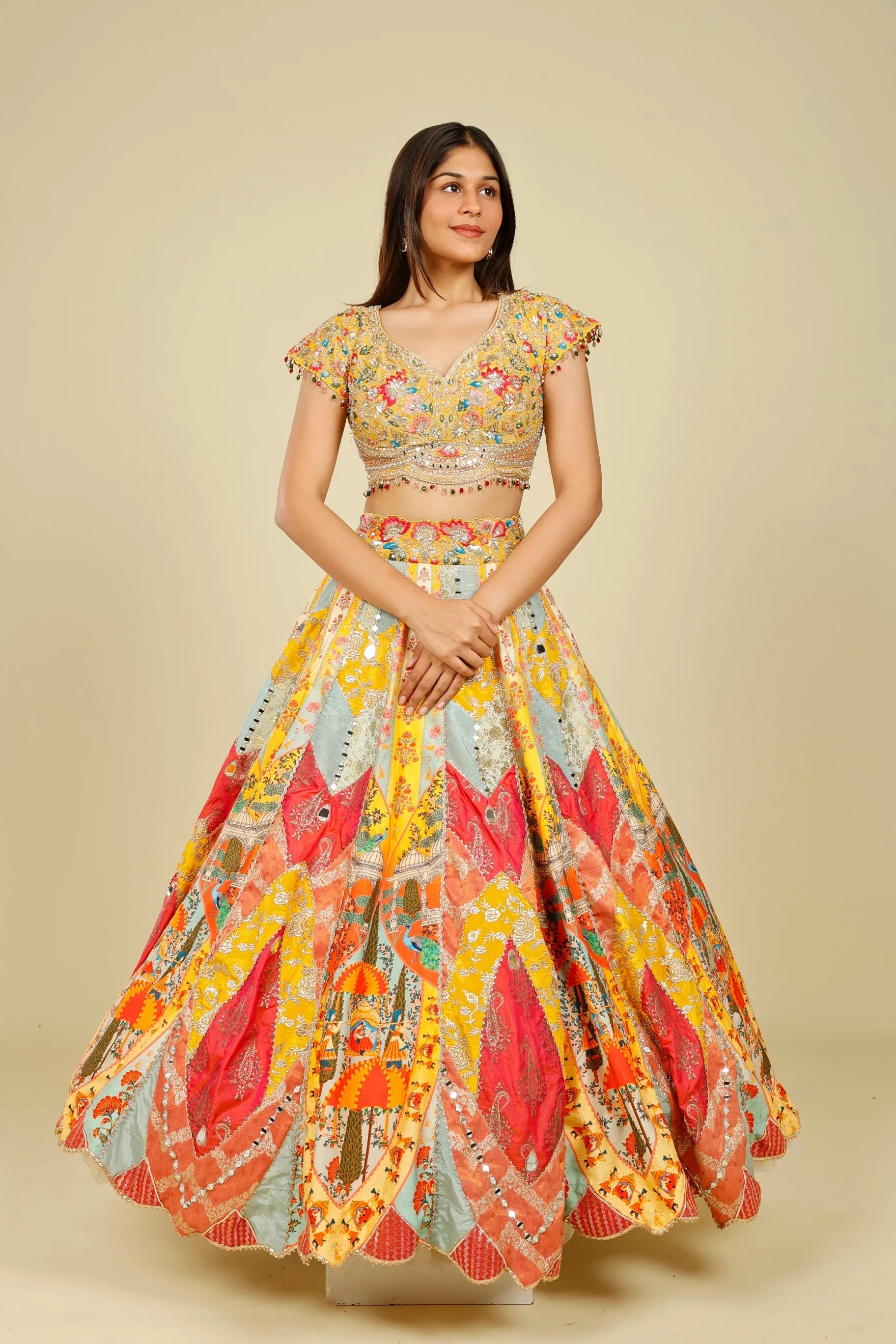 Multicolour Printed Silk Patchwork Lehenga Set with Mirror & Zari Embroidery - Mokshaa