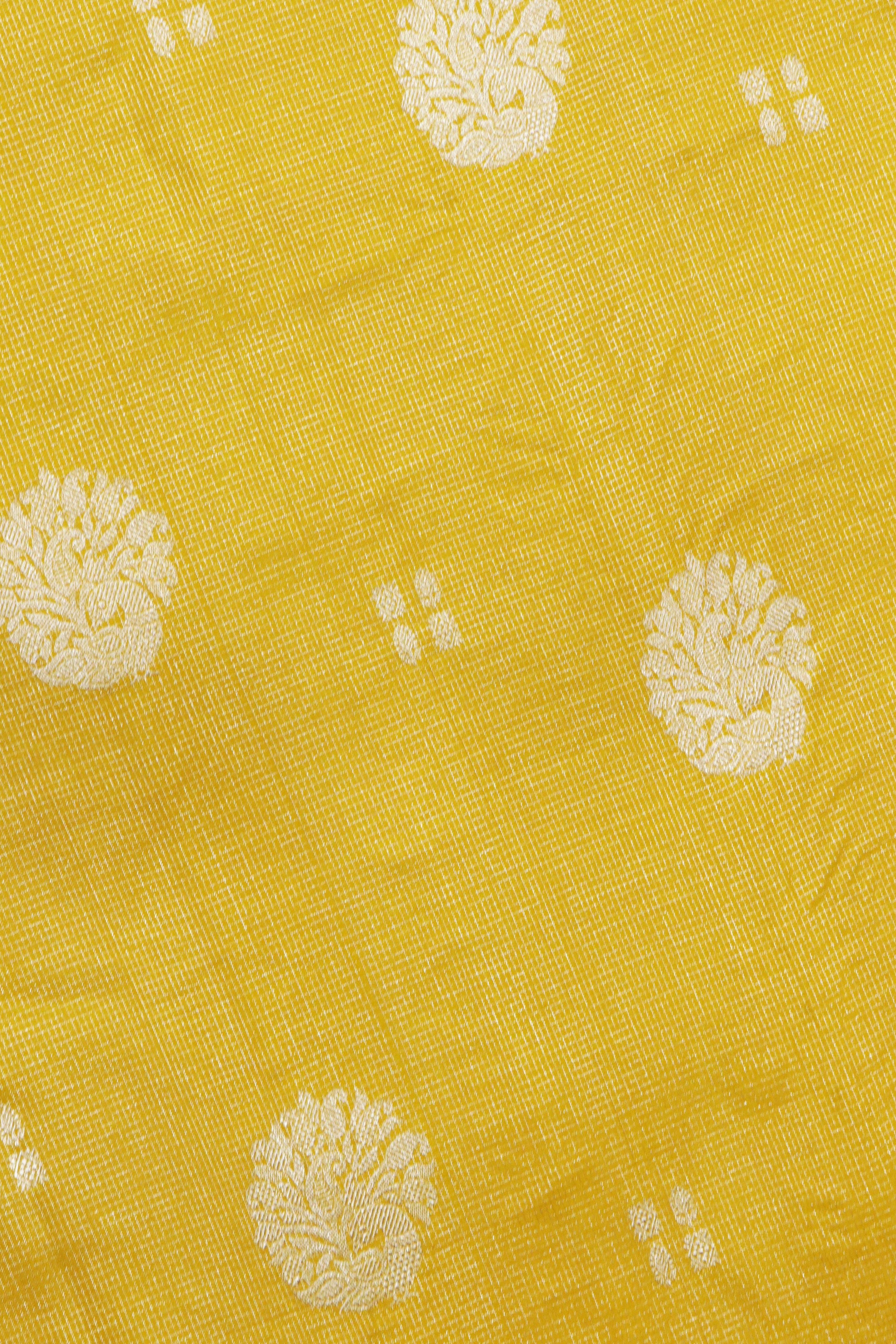 Yellow Kanchipuram Silk Saree with Small Silver Zari Checks & Motifs - Mokshaa