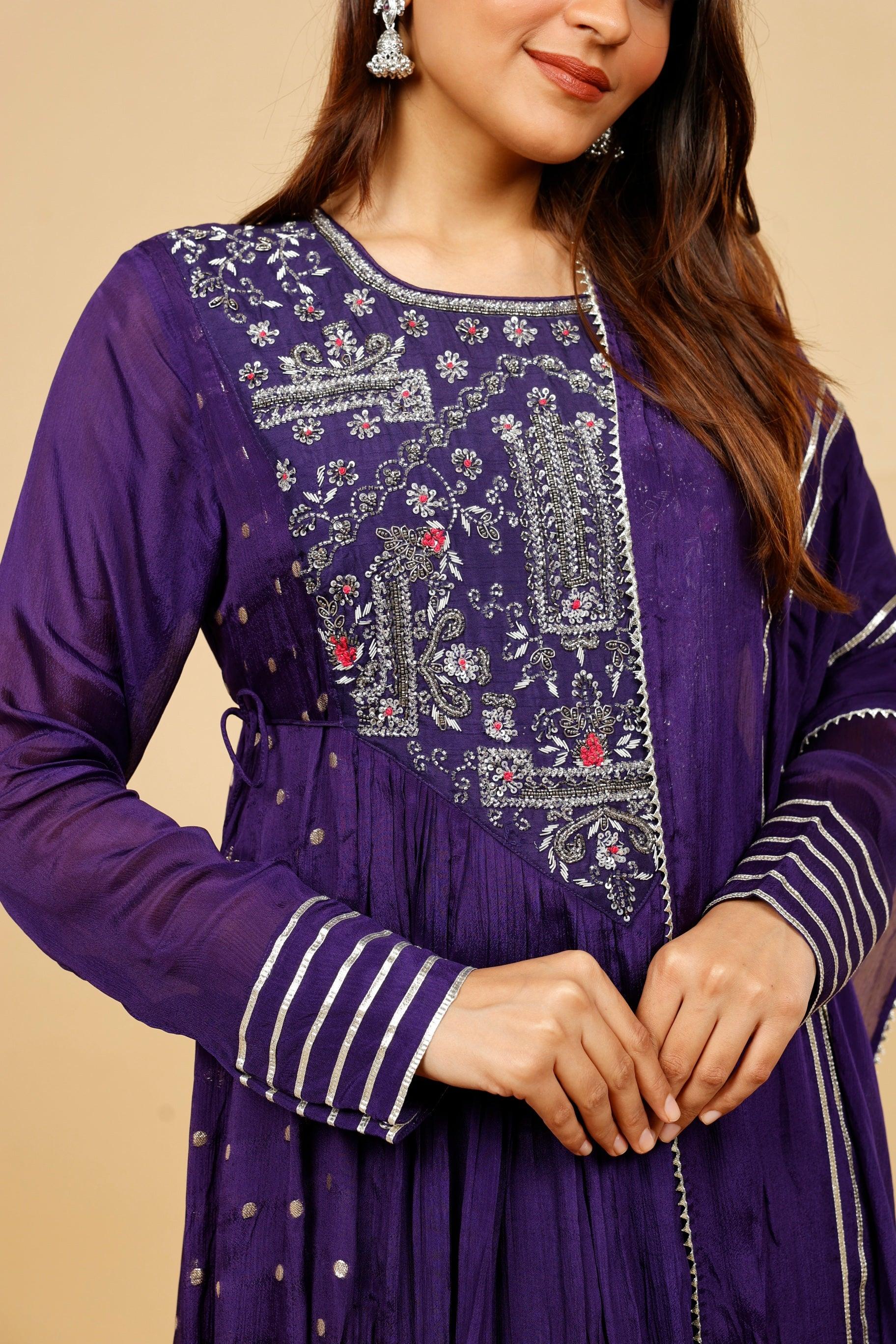 Royal Purple Silk Anarkali Set with Gota & Kutdana Embroidery - Mokshaa