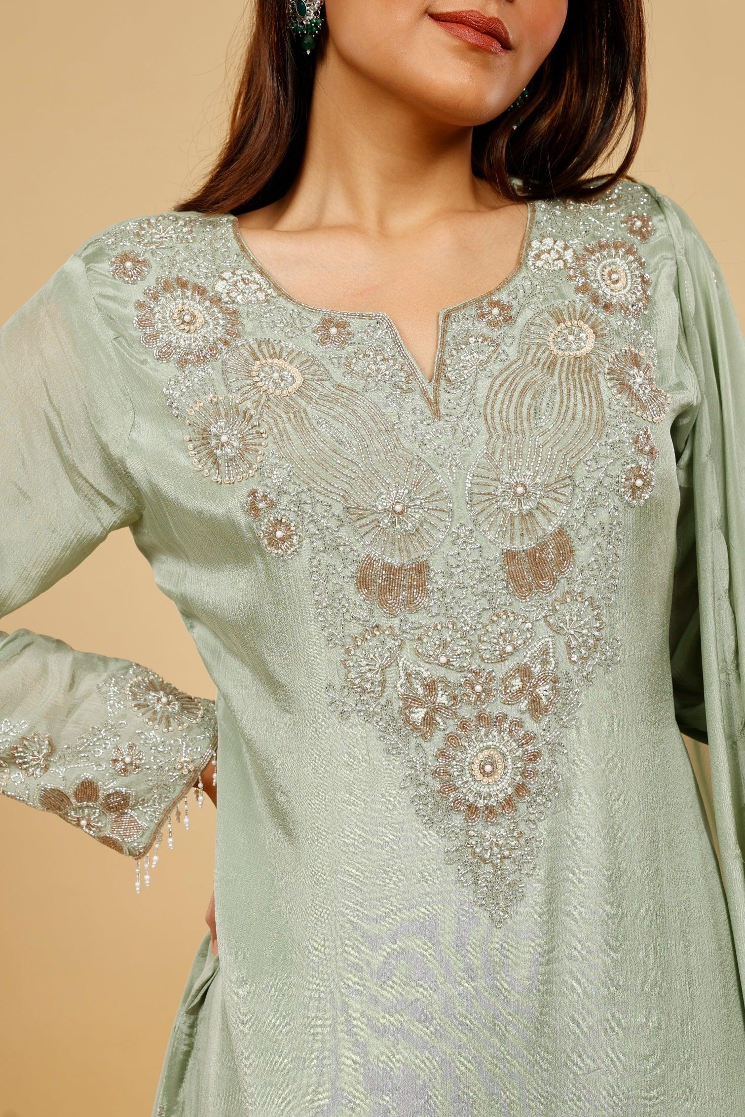 Mint Green Chinon Silk Sharara Set with Kutdana & Pearl Embroidery - Mokshaa