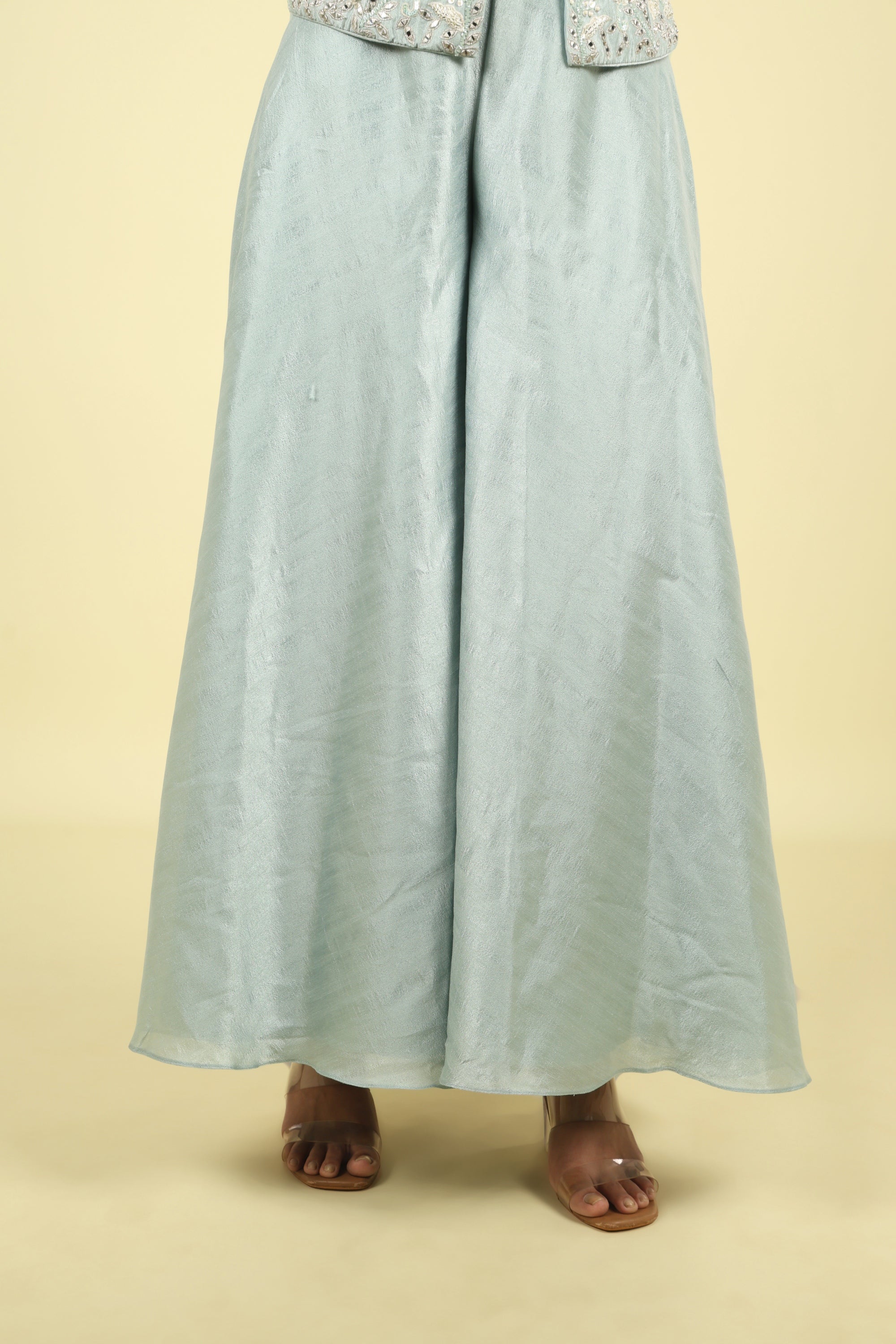 Blue Embroidered Silk Top With Palazzo - Mokshaa