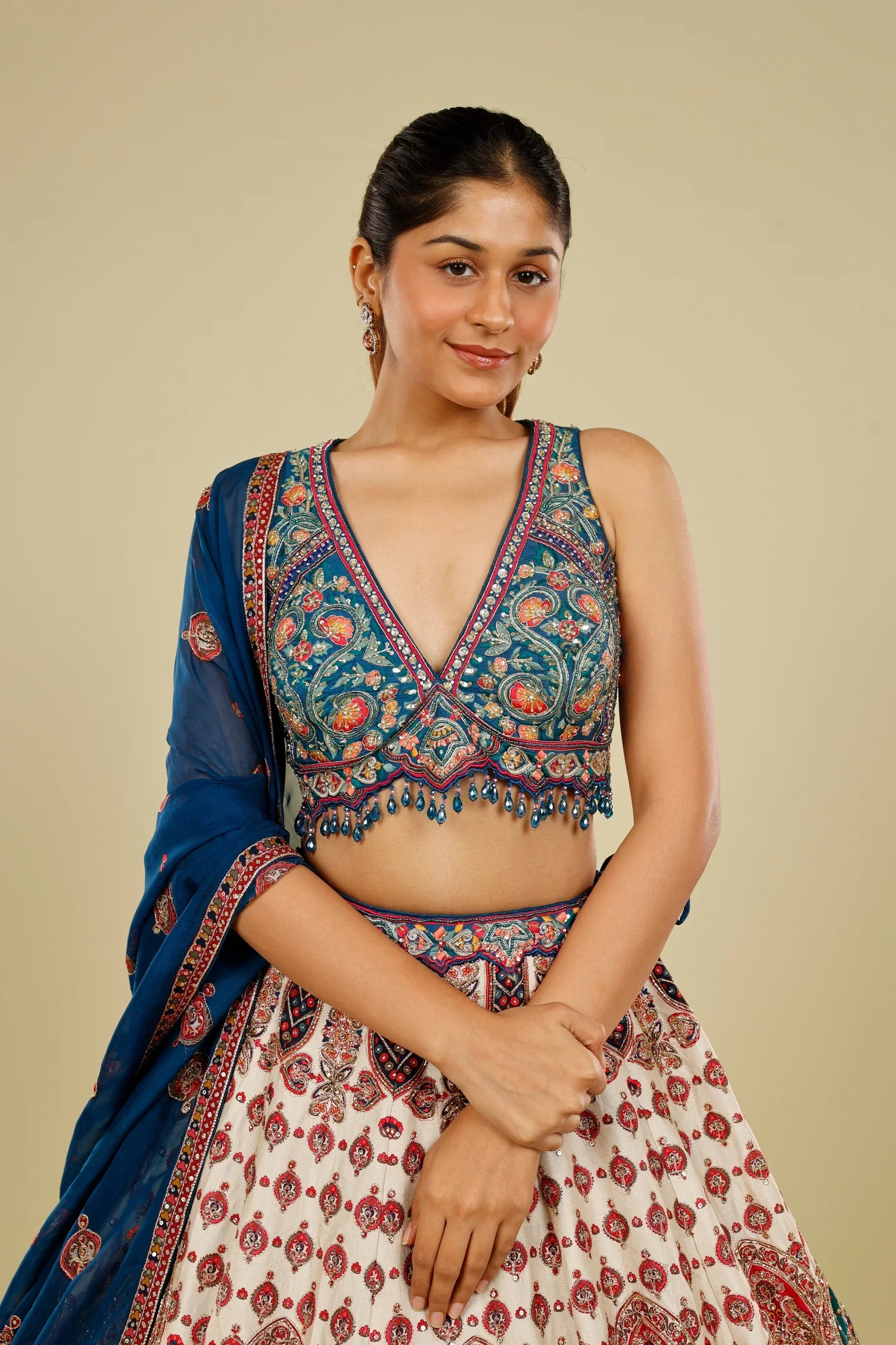 Blue Multicolour Printed Silk Lehenga Set with Zari, Sequin & Cutdana Highlights - Mokshaa