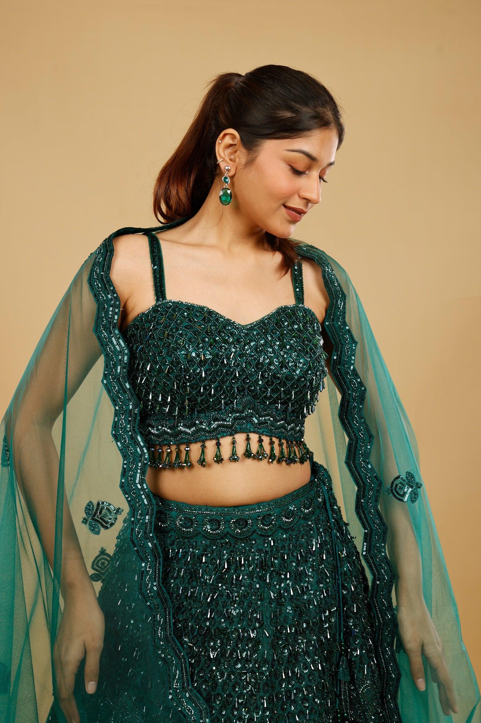 Bottle Green Net Lehenga Set with Sequin, Cutdana & Pearl Embroidery - Mokshaa