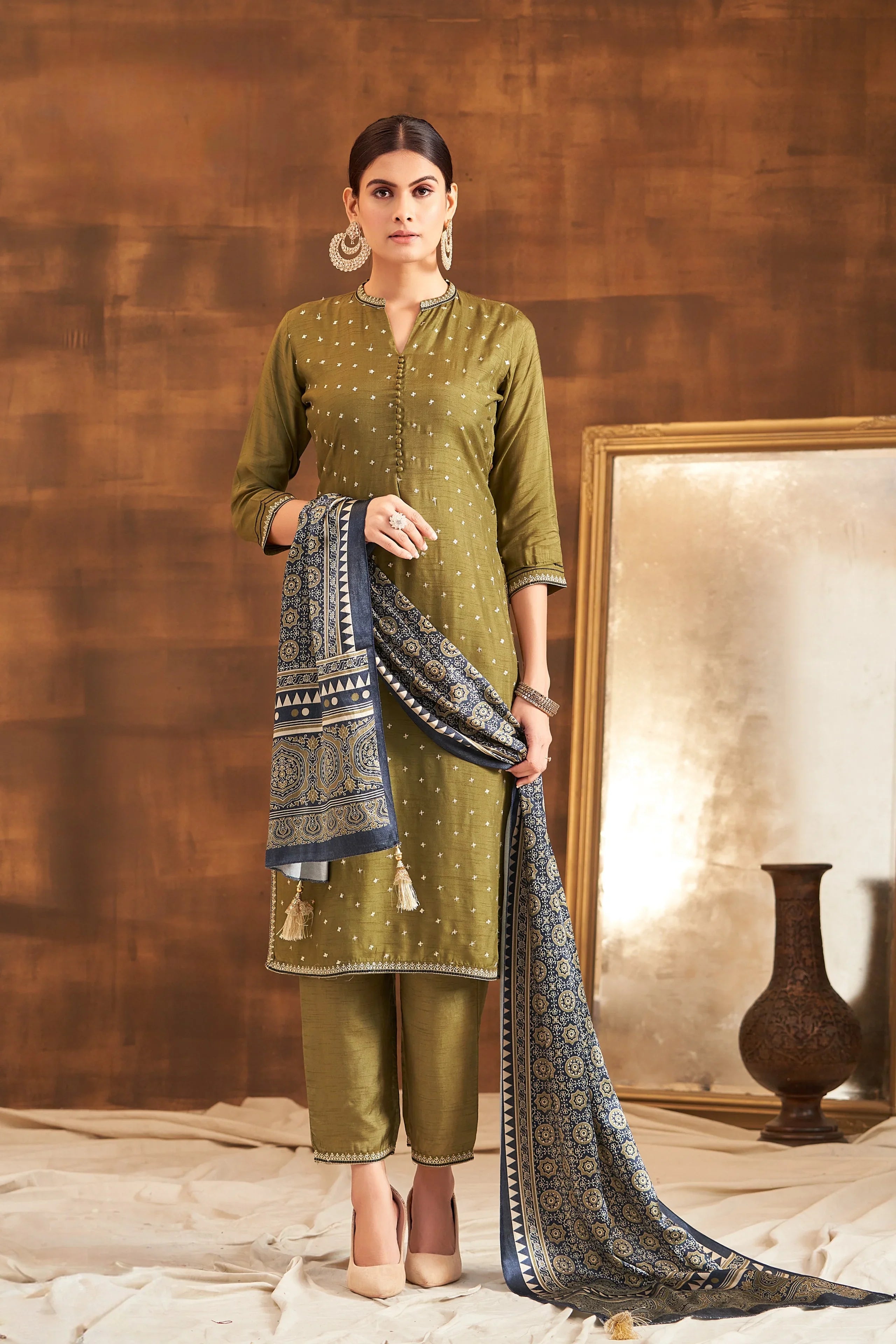 Olive Raw Silk Kurta Set with Ajrakh Printed Dupatta - Mokshaa