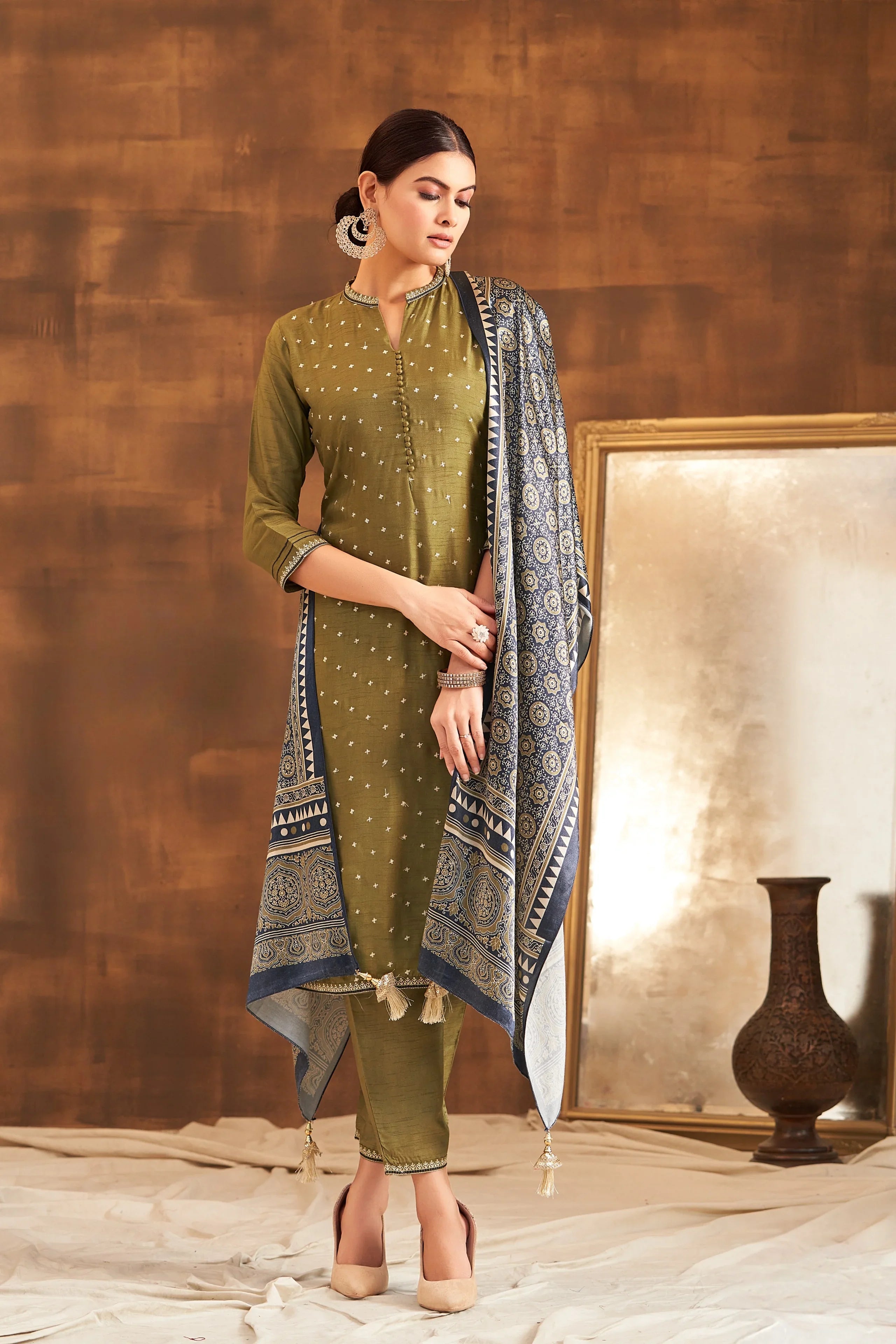 Olive Raw Silk Kurta Set with Ajrakh Printed Dupatta - Mokshaa