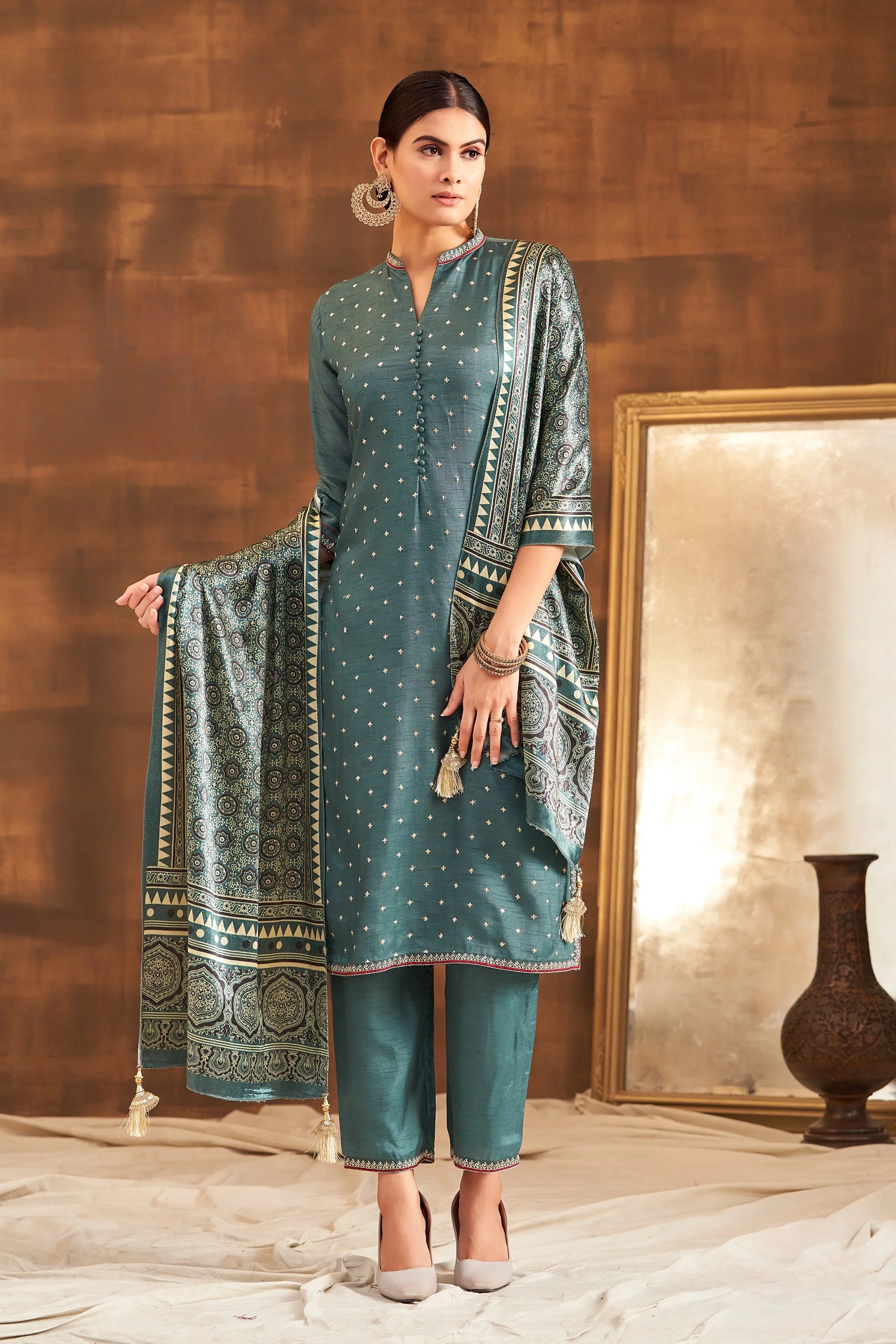 Rama Raw Silk Kurta Set with Ajrakh Printed Dupatta - Mokshaa