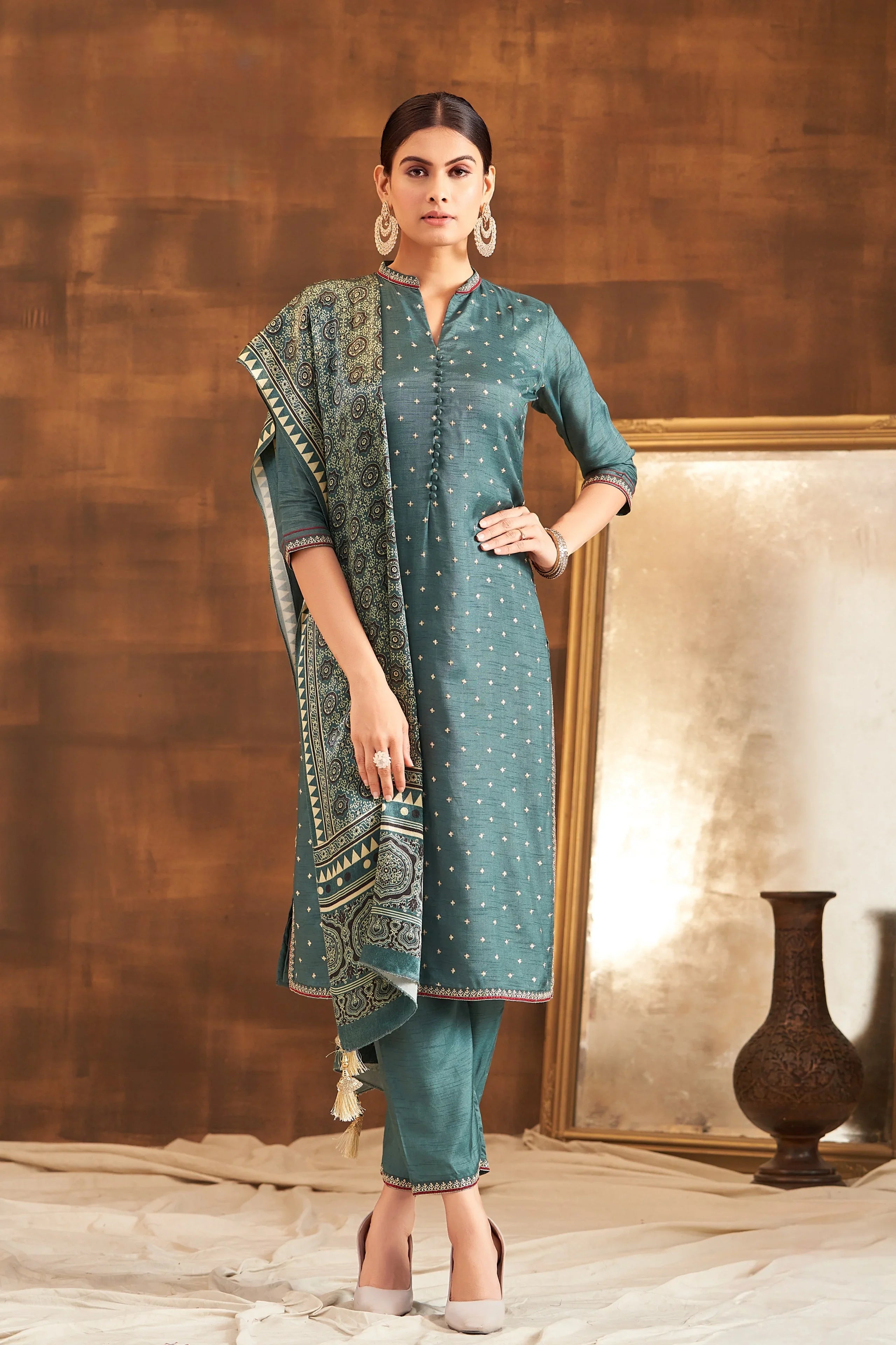 Rama Raw Silk Kurta Set with Ajrakh Printed Dupatta - Mokshaa