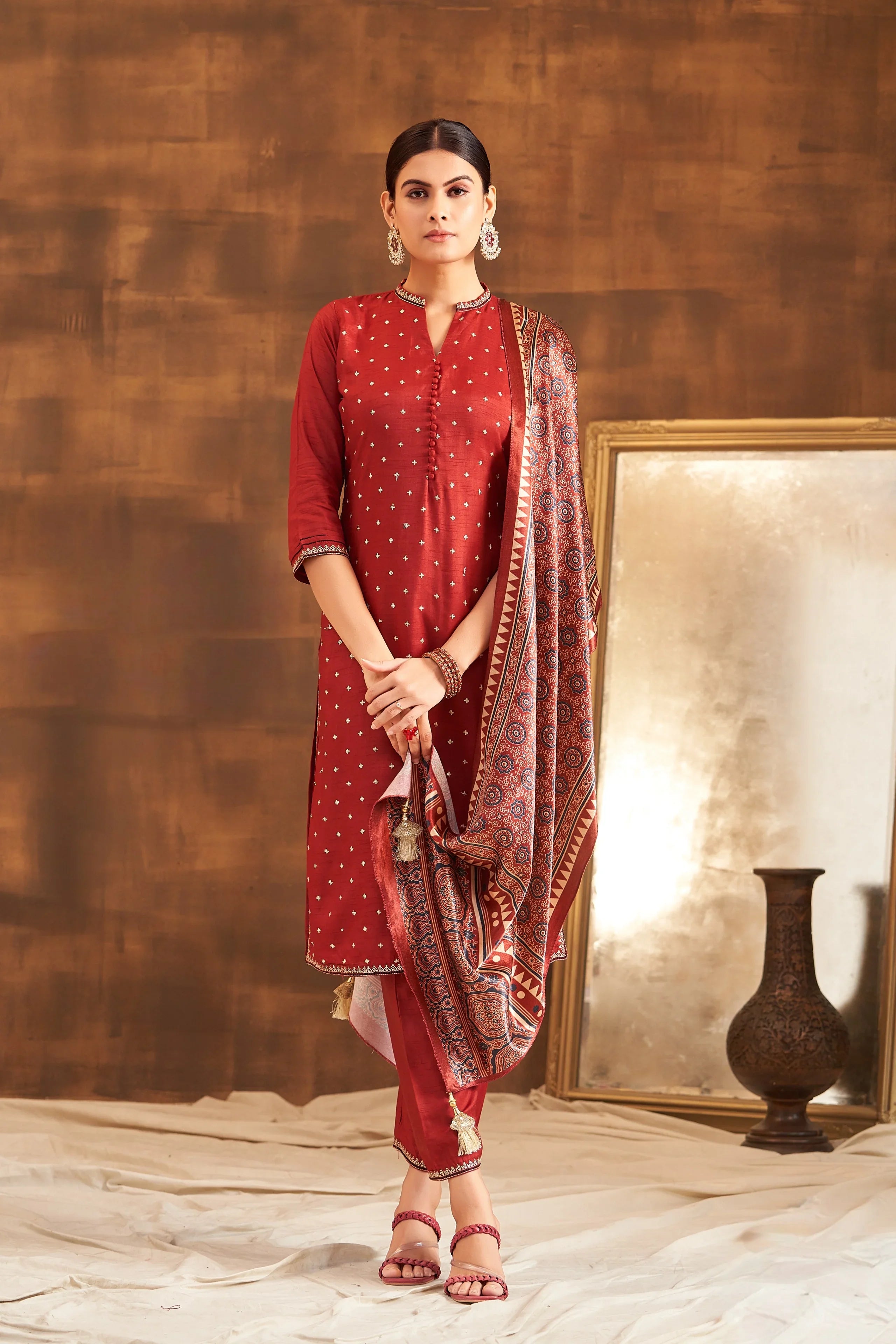 Red Raw Silk Kurta Set with Ajrakh Printed Dupatta - Mokshaa