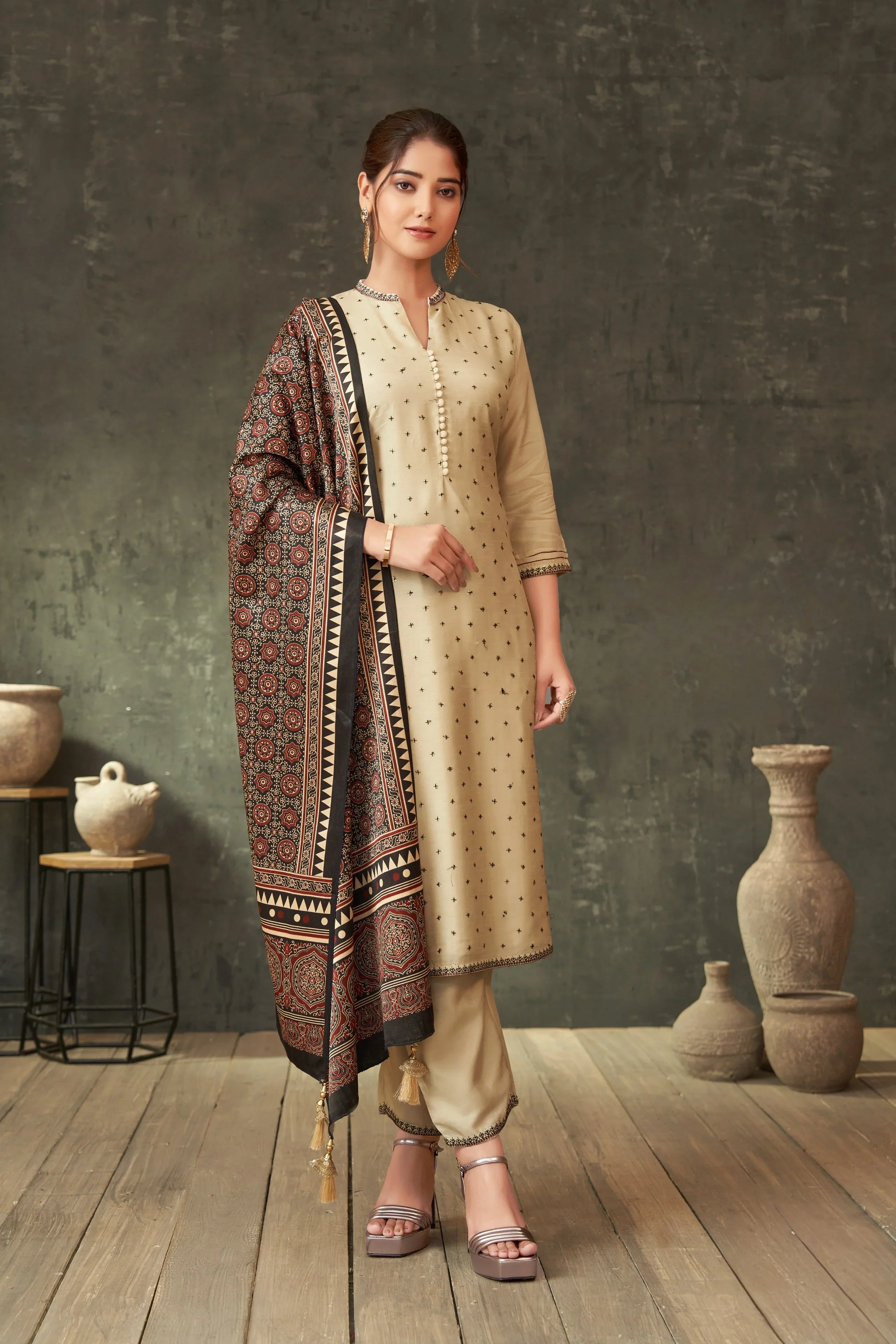Ivory Raw Silk Kurta Set with Ajrakh Printed Dupatta - Mokshaa