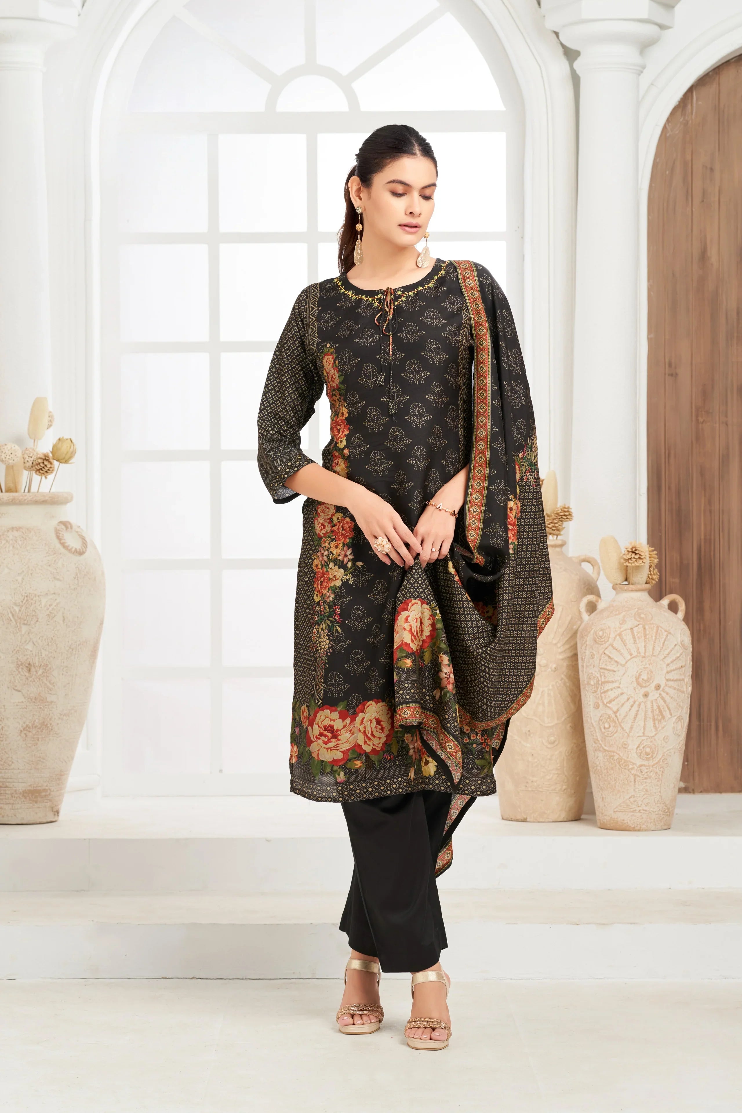 Black Floral Printed Kurta Set with Coordinated Dupatta - Mokshaa