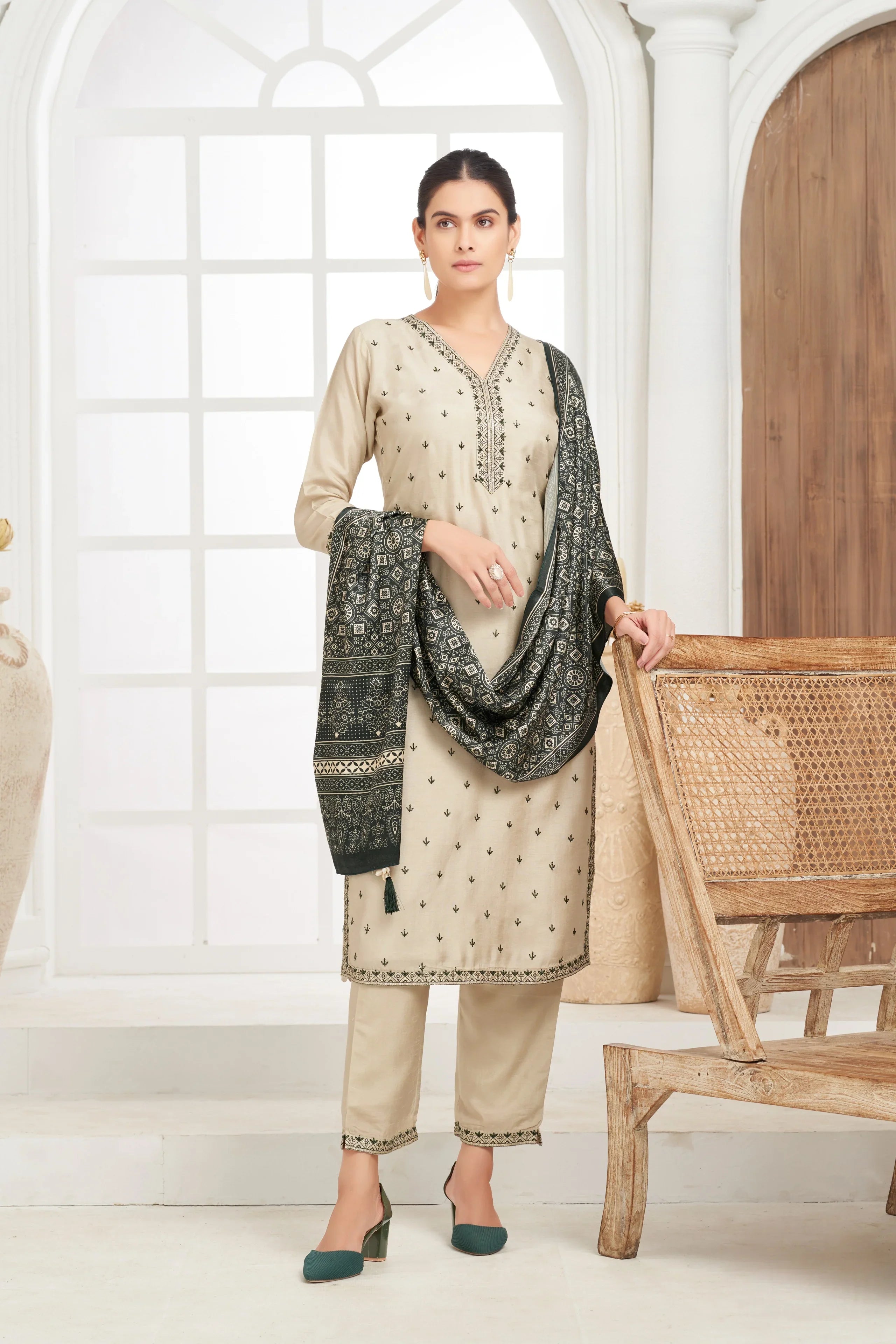 Beige Embroidered Silk Kurta Set with Printed Dupatta - Mokshaa