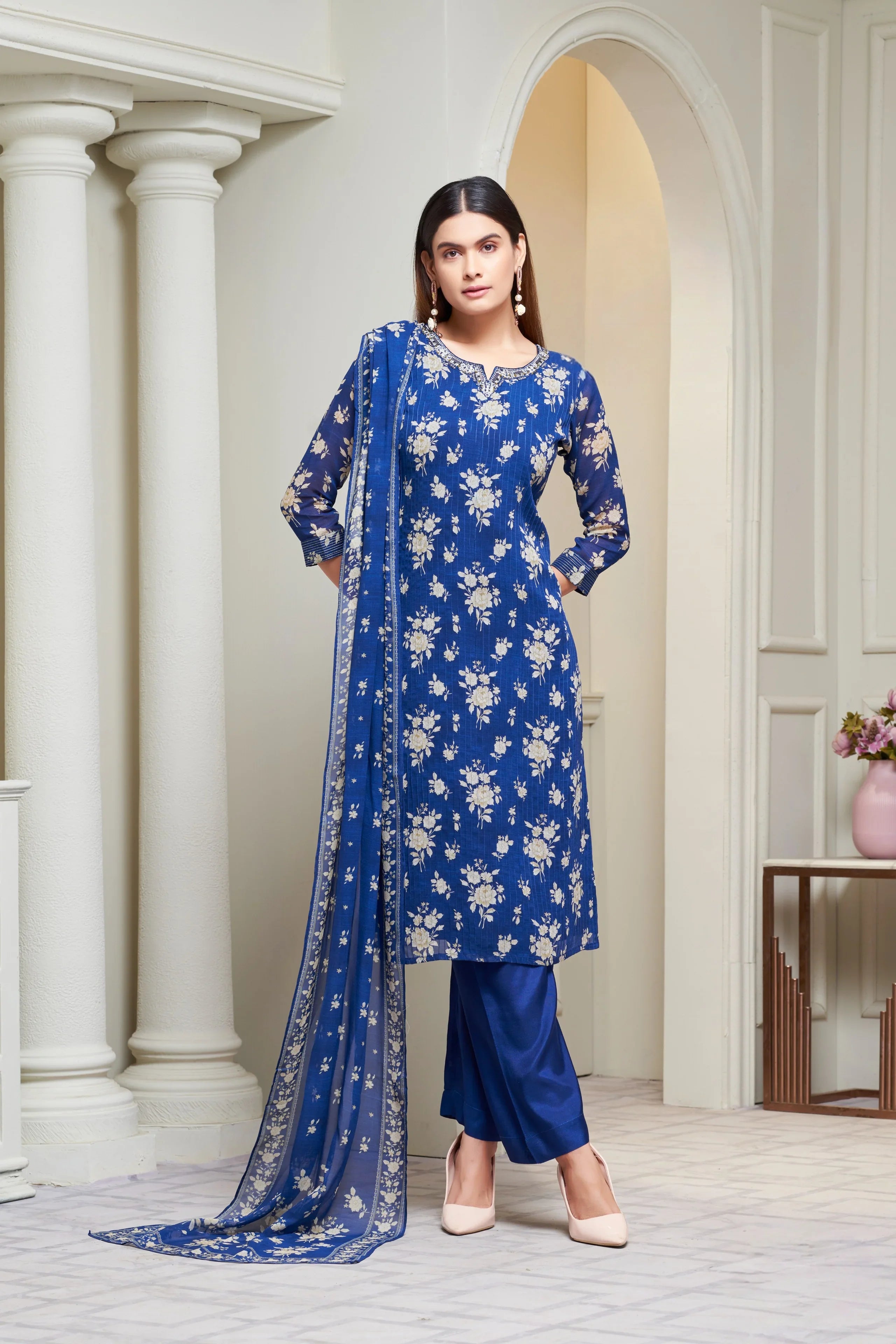 Royal Blue Floral Printed Kurta Set with Sheer Dupatta - Mokshaa