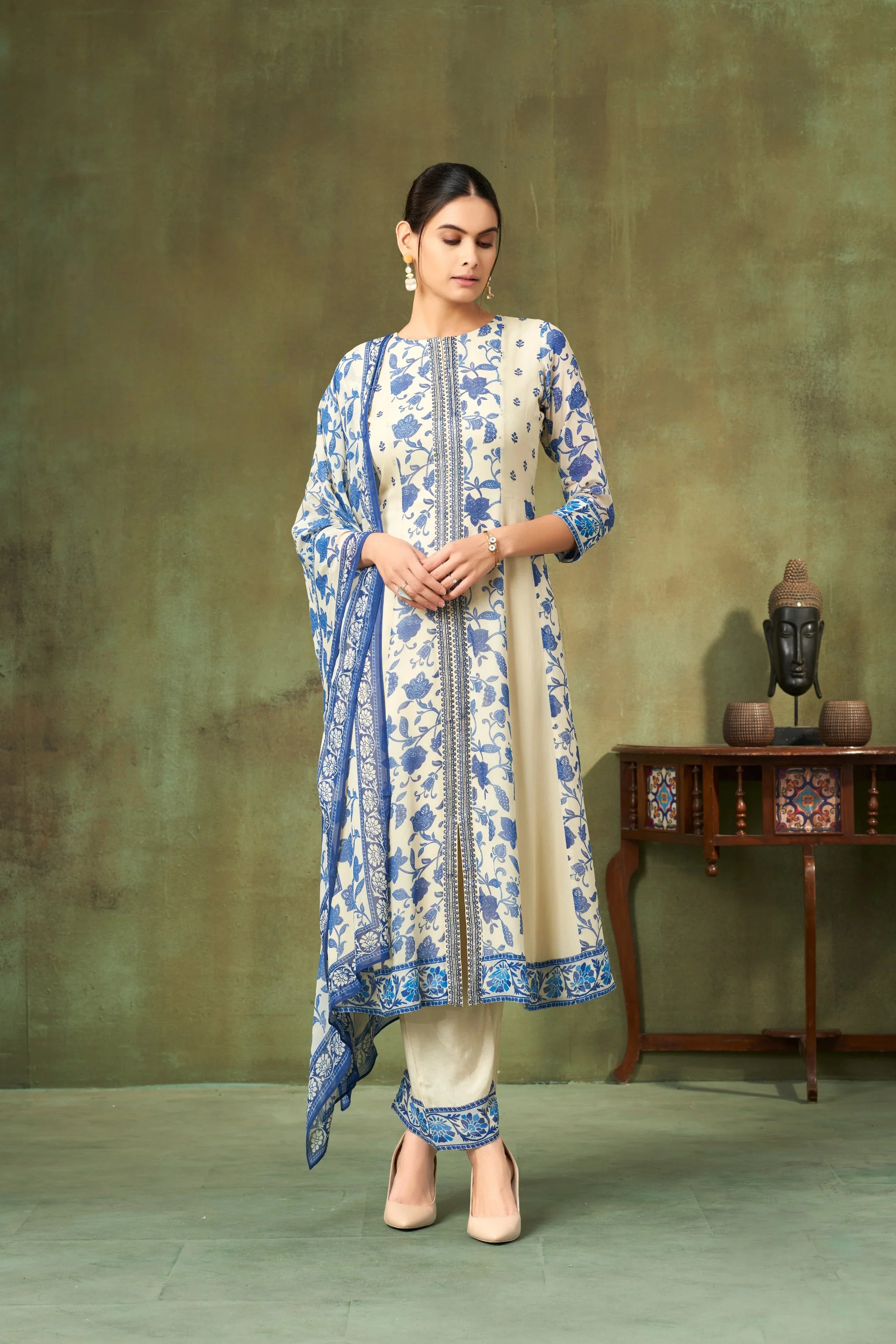Ivory & Cobalt Blue Printed Silk A-Line Salwar Suit with Floral Vine Motifs - Mokshaa