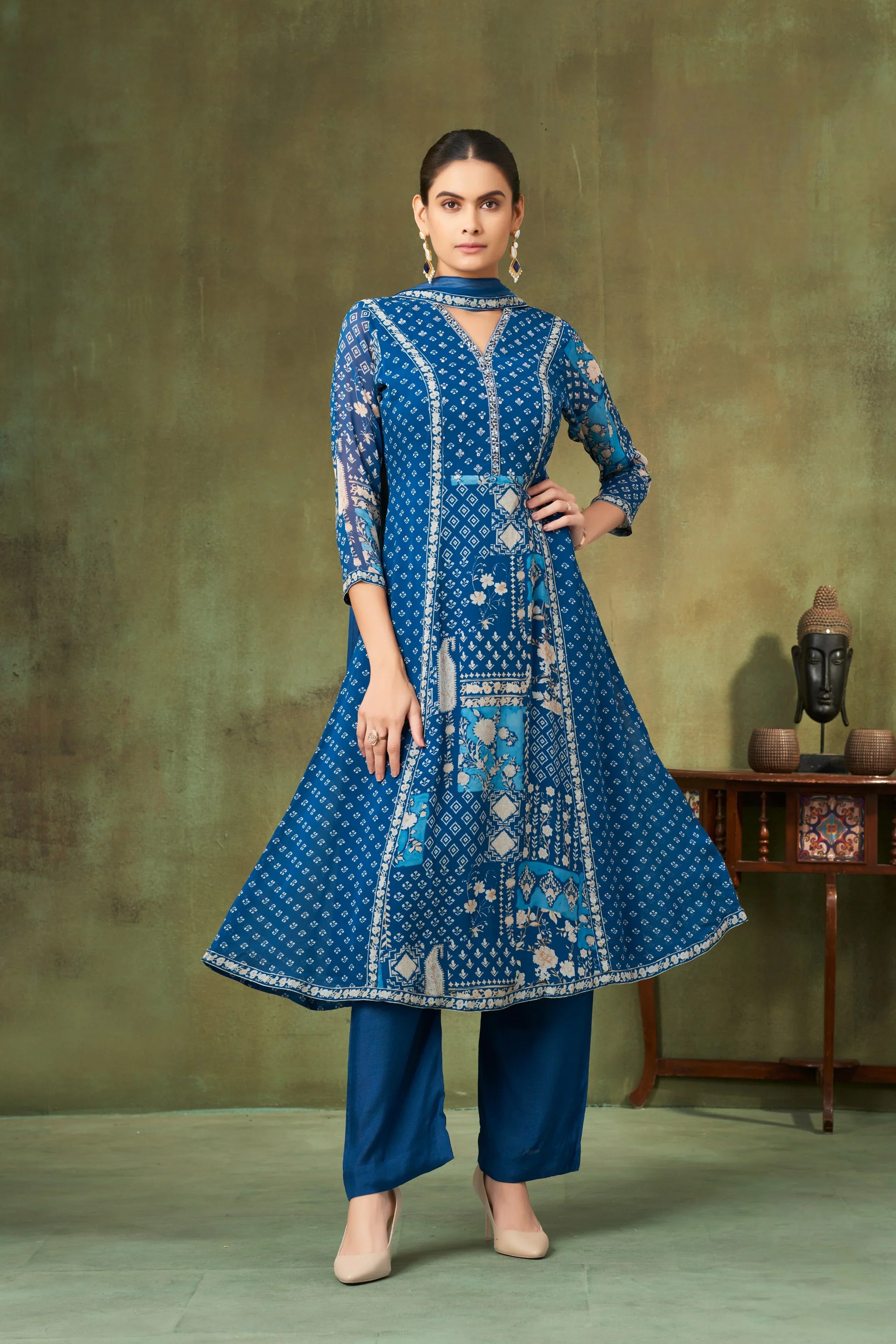 Azure Blue Printed A-Line Georgette Salwar Suit with Ethnic Panel Motifs - Mokshaa