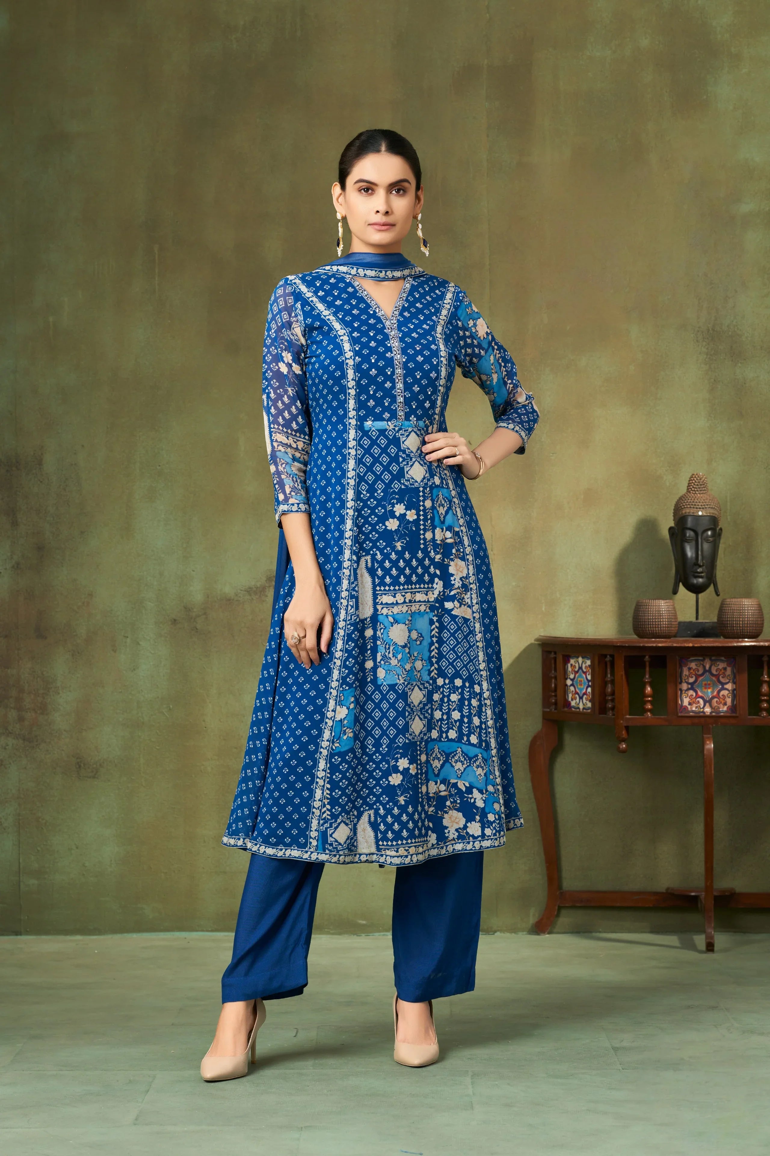 Azure Blue Printed A-Line Georgette Salwar Suit with Ethnic Panel Motifs - Mokshaa