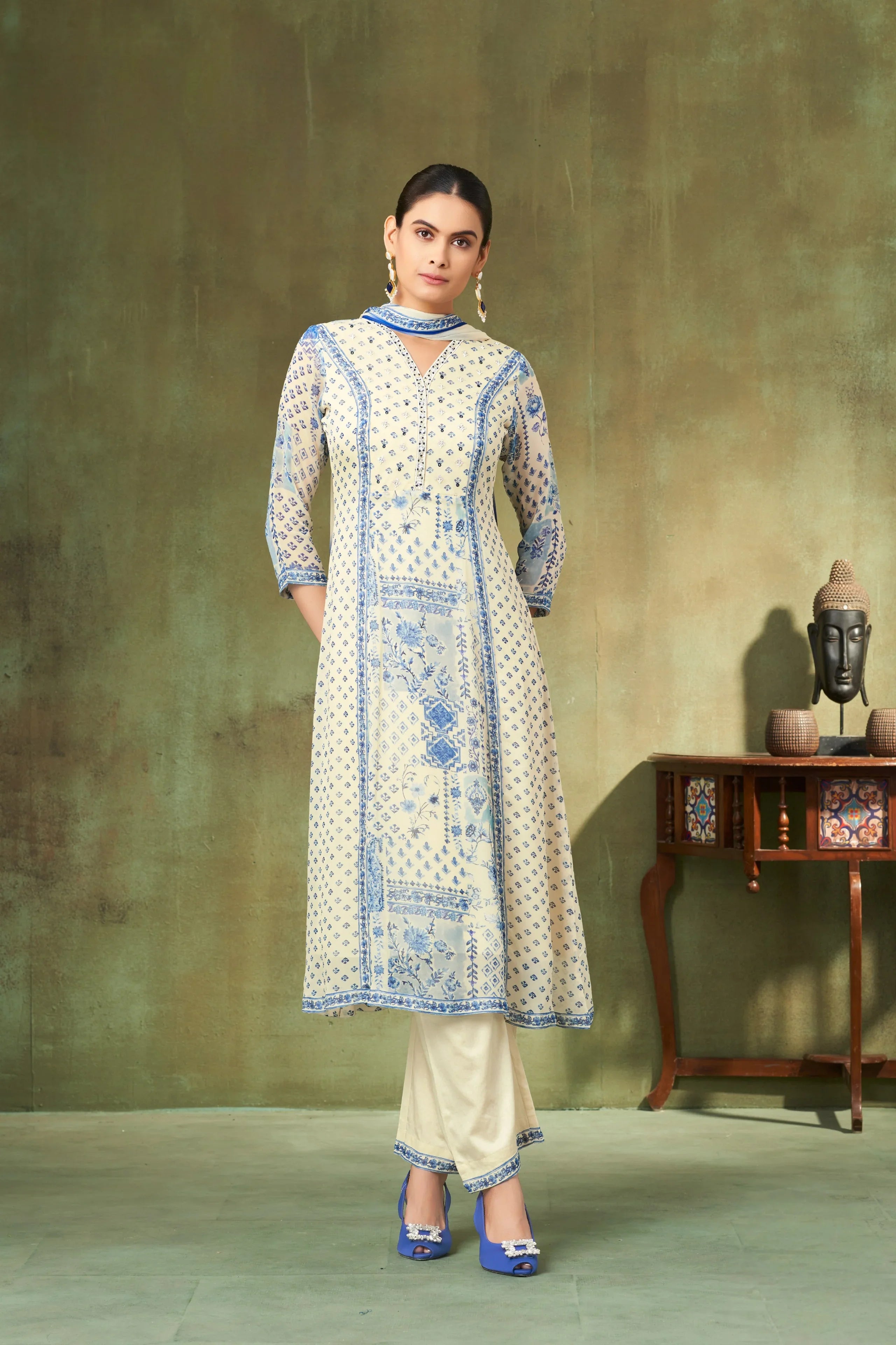 Ivory & Blue Printed Georgette A-Line Salwar Suit with Floral Motifs - Mokshaa