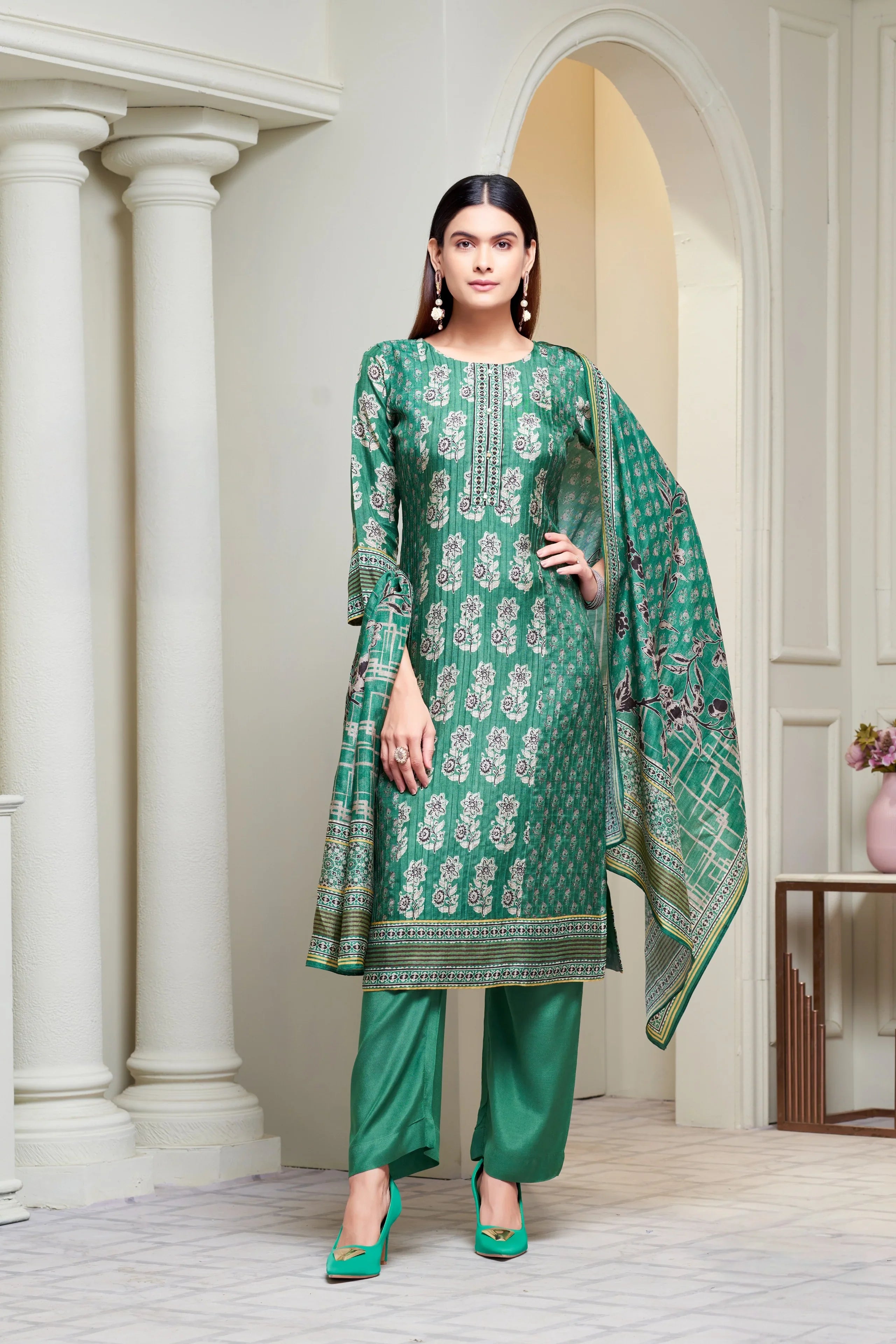 Emerald Green Printed Silk Blend Kurta Set with Statement Dupatta - Mokshaa