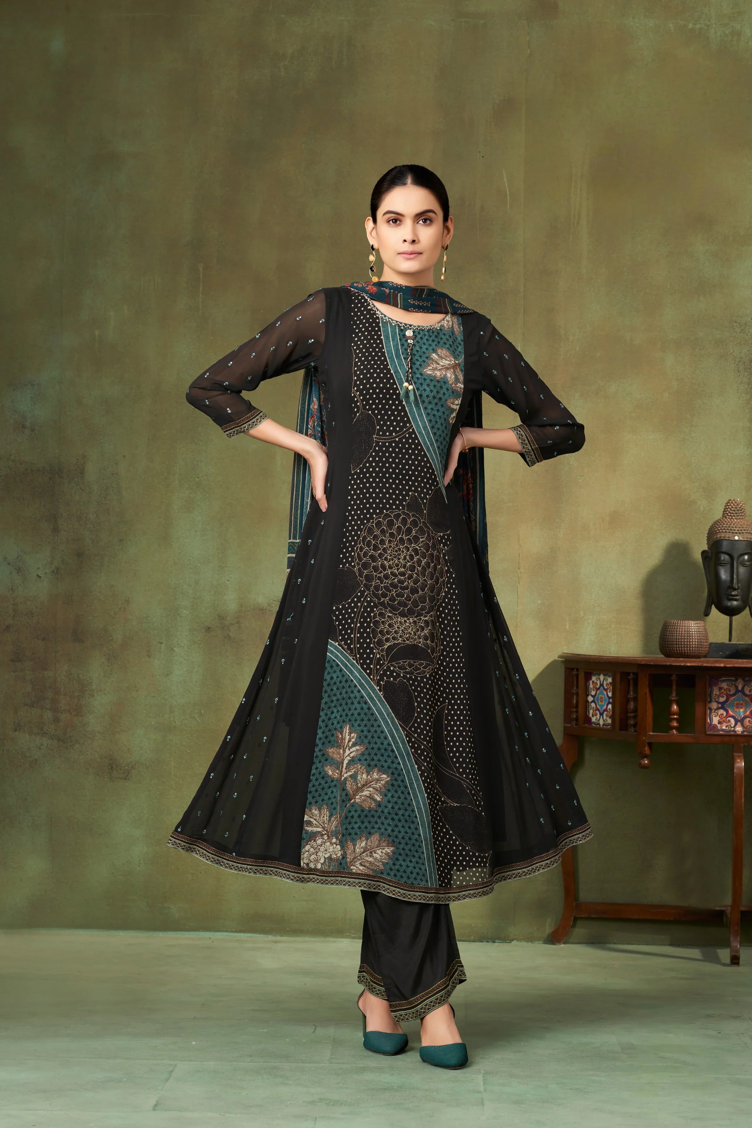 Emerald Teal & Charcoal Printed Georgette A-Line Salwar Suit Set - Mokshaa