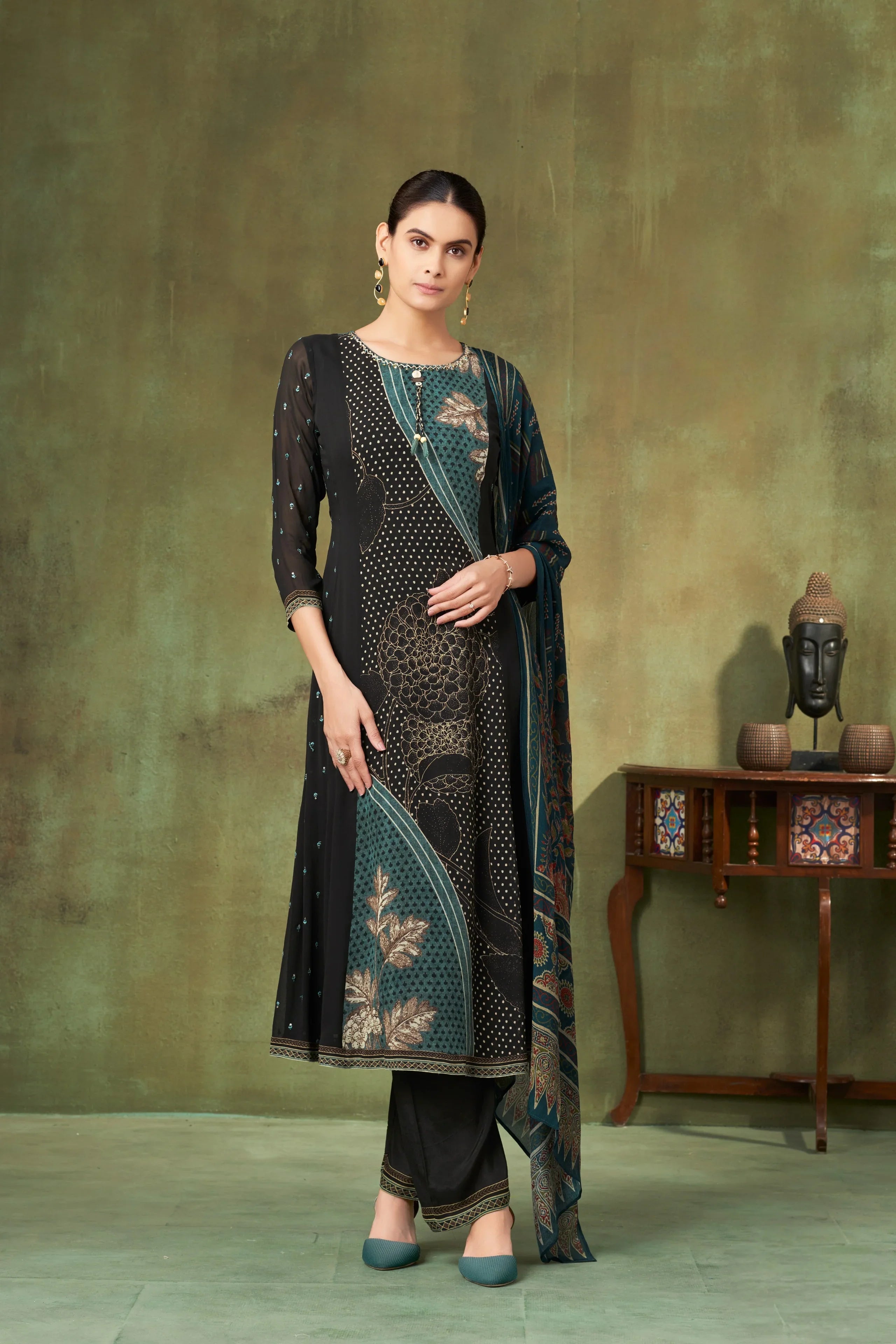 Emerald Teal & Charcoal Printed Georgette A-Line Salwar Suit Set - Mokshaa