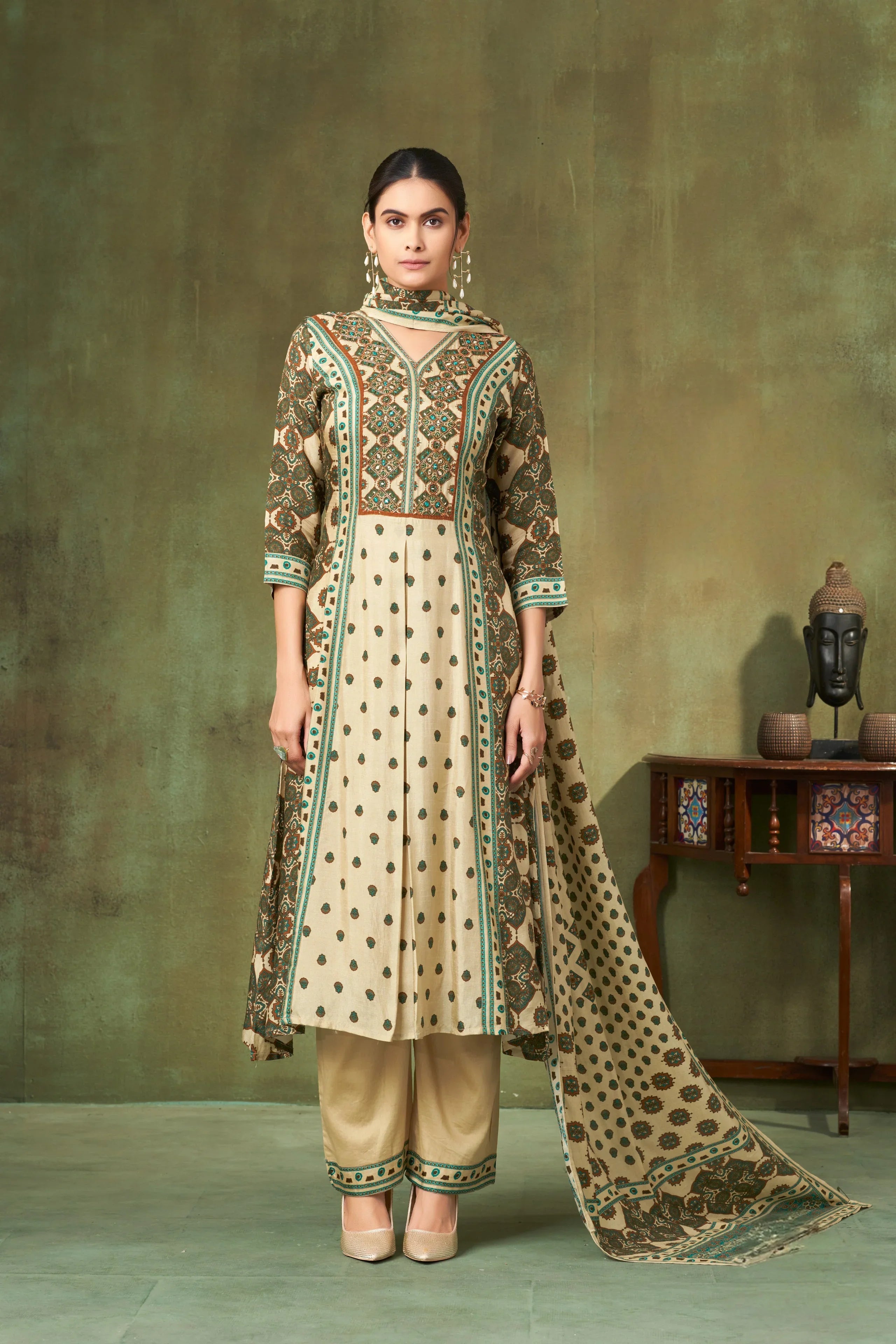 Ivory & Teal Printed Silk A-Line Salwar Suit Set - Mokshaa
