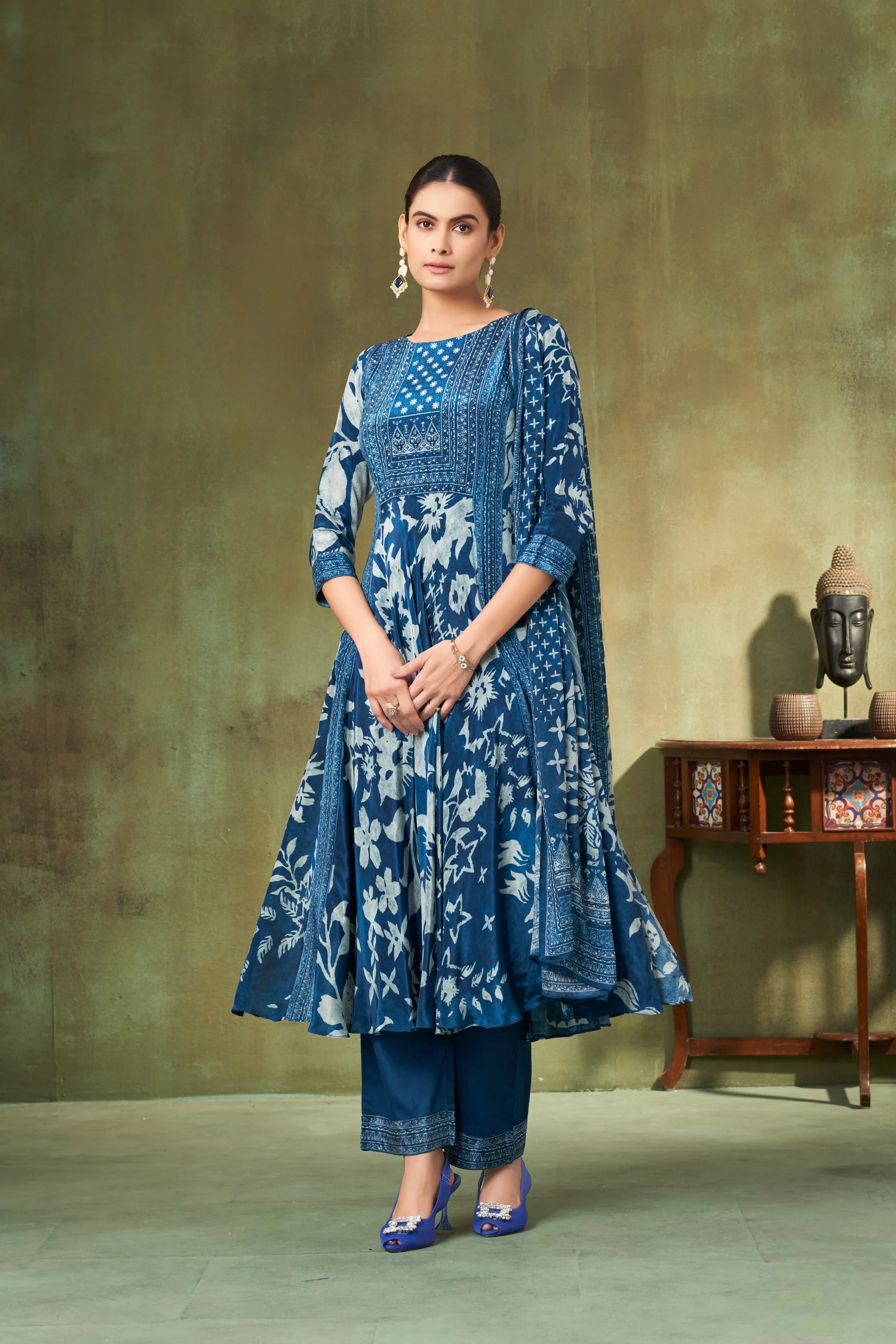 Indigo Floral Printed Georgette A-Line Salwar Suit Set - Mokshaa