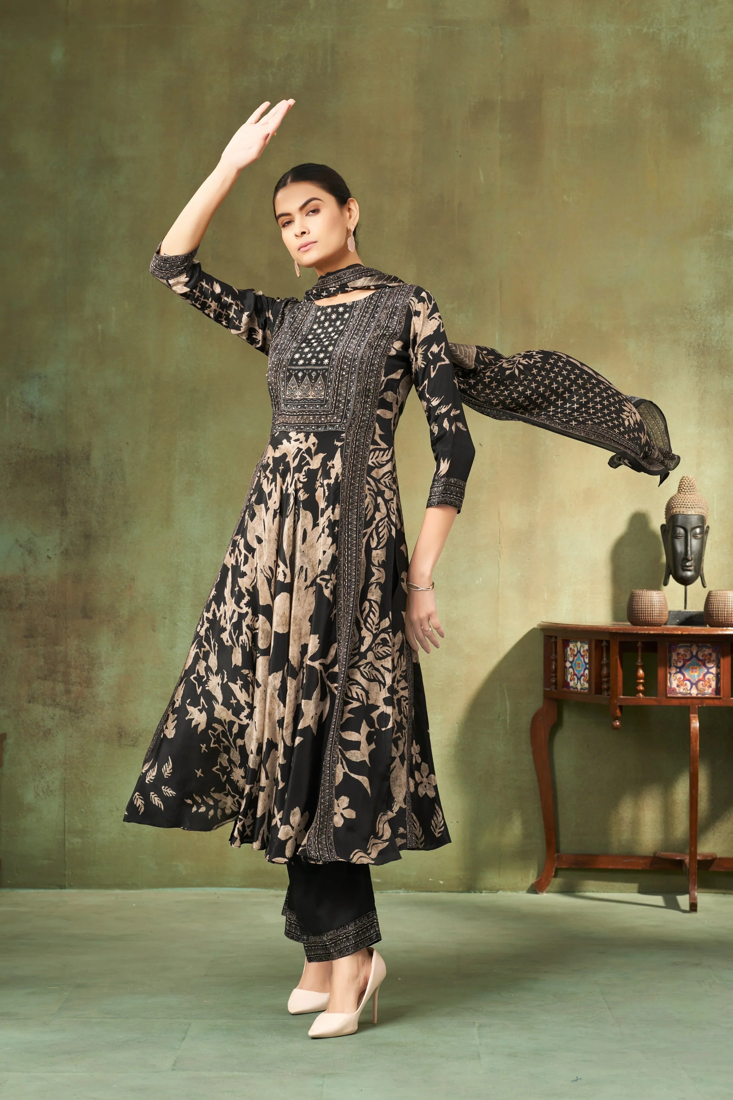 Black & Ivory Floral A-Line Salwar Suit Set - Mokshaa