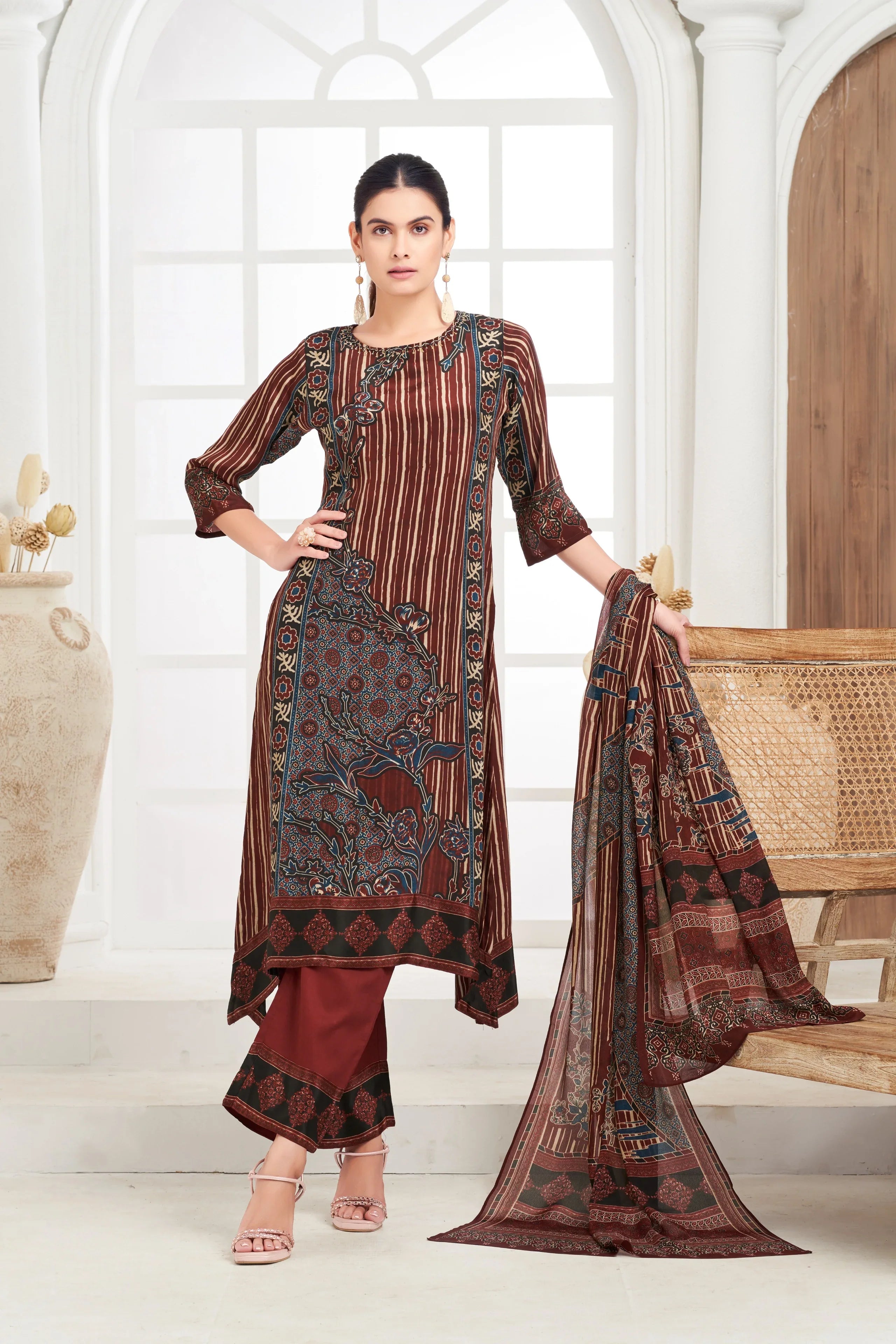 Maroon Crepe Kurta Set with Ajrakh-Inspired Printed Dupatta - Mokshaa