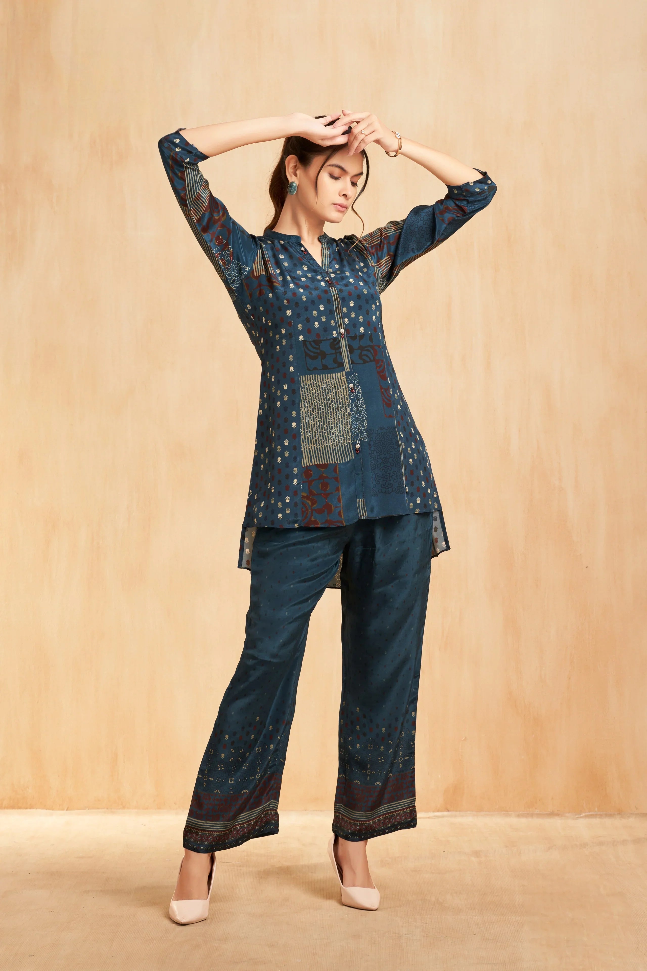 Teal Printed Crepe Co-Ord Set with Contemporary Patchwork Motifs - Mokshaa